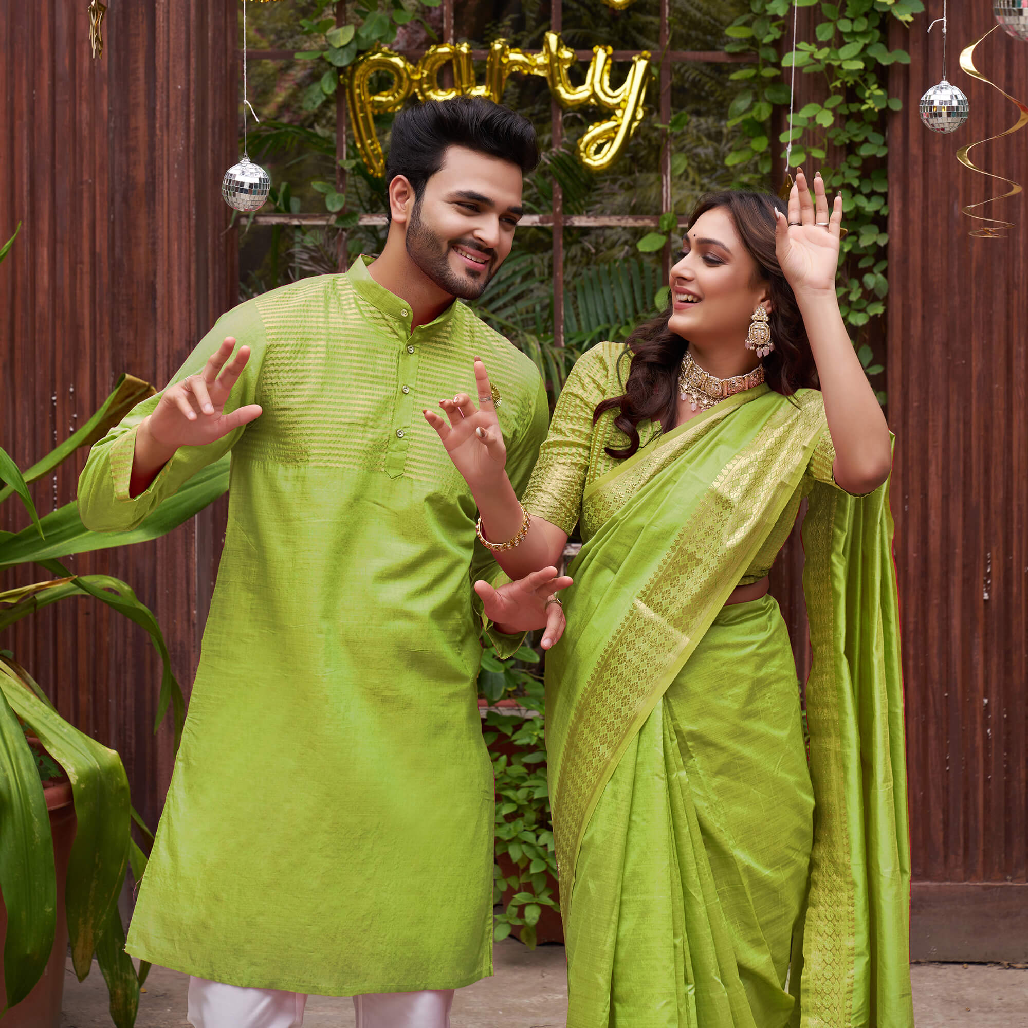 Aasam Silk Couple Dress  Mehndi Green Saree & Kurta