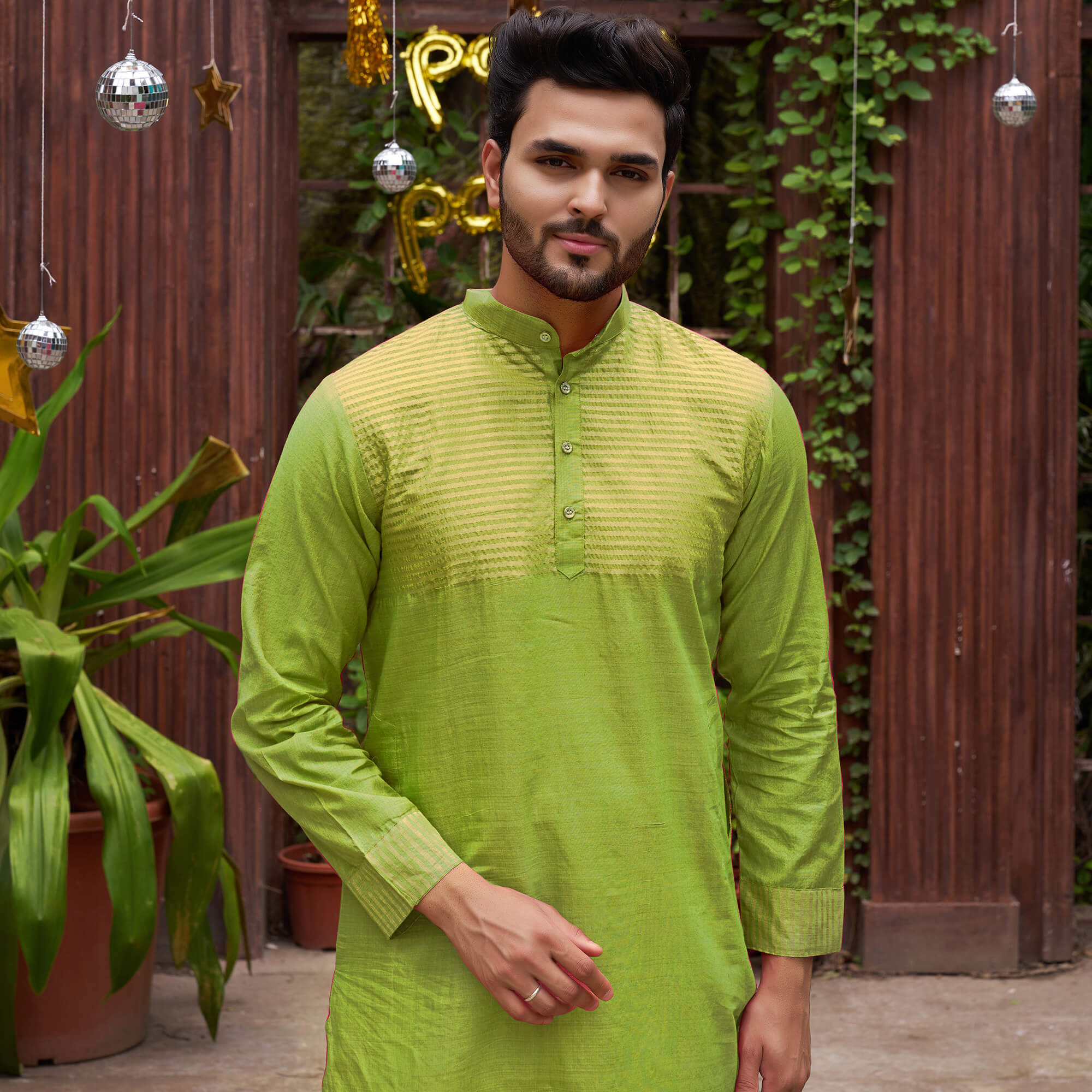 Aasam Silk Couple Dress  Mehndi Green Saree & Kurta