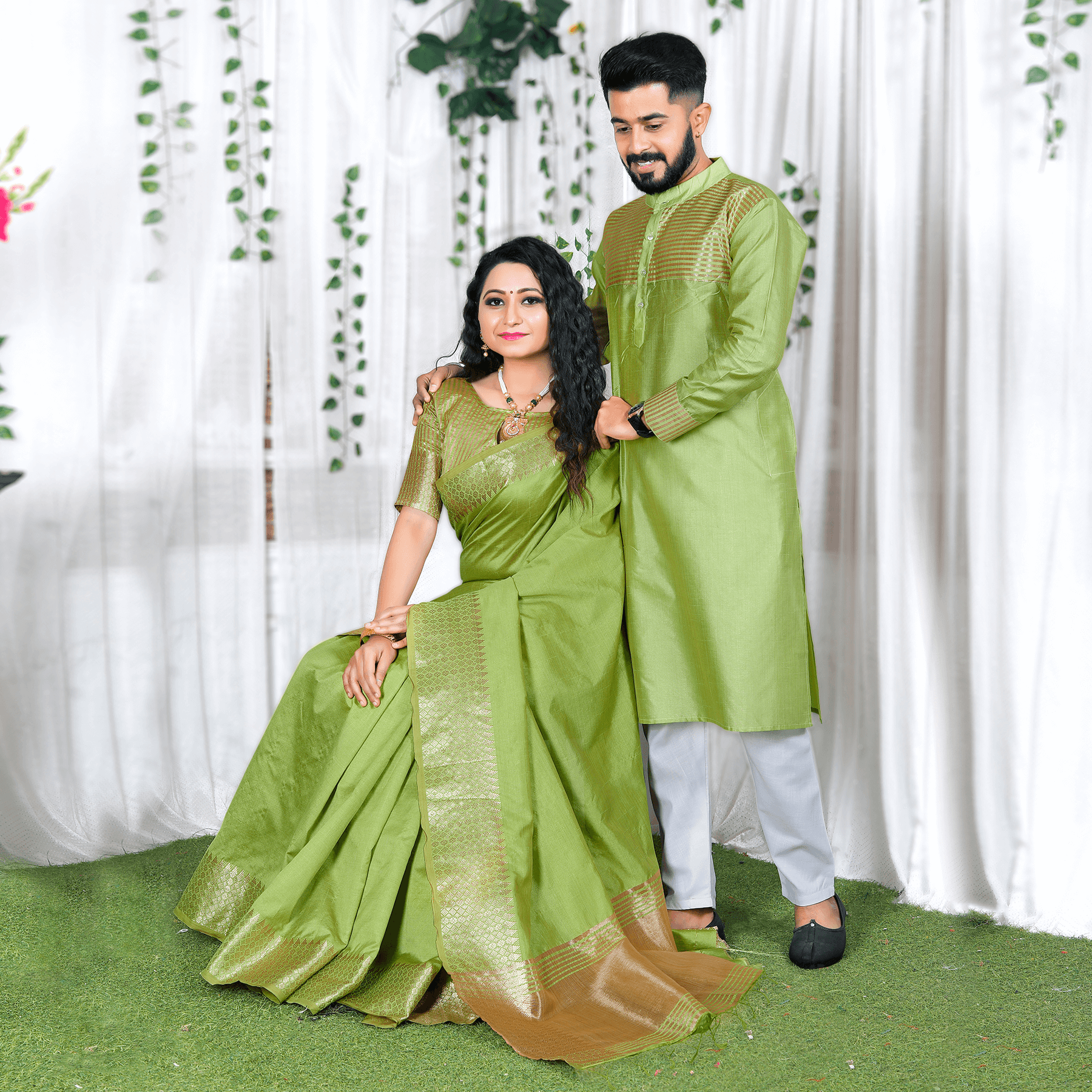 Lovely Mehndi Green Couple Dress Silk Saree & Kurta
