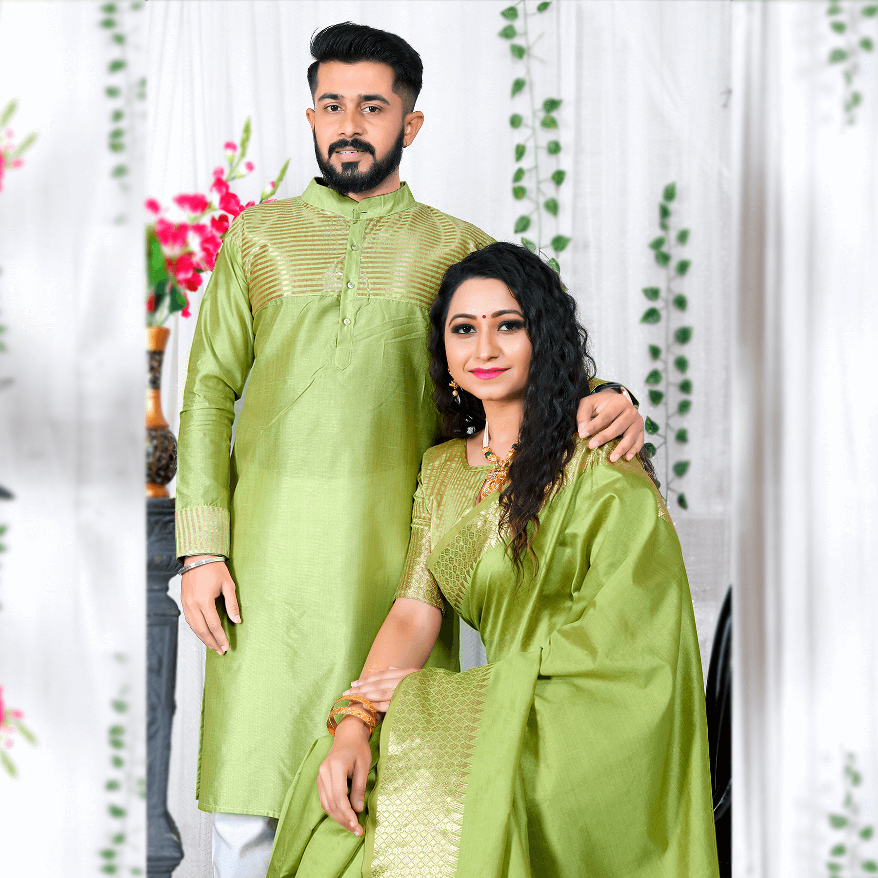 Lovely Mehndi Green Couple Dress Silk Saree & Kurta