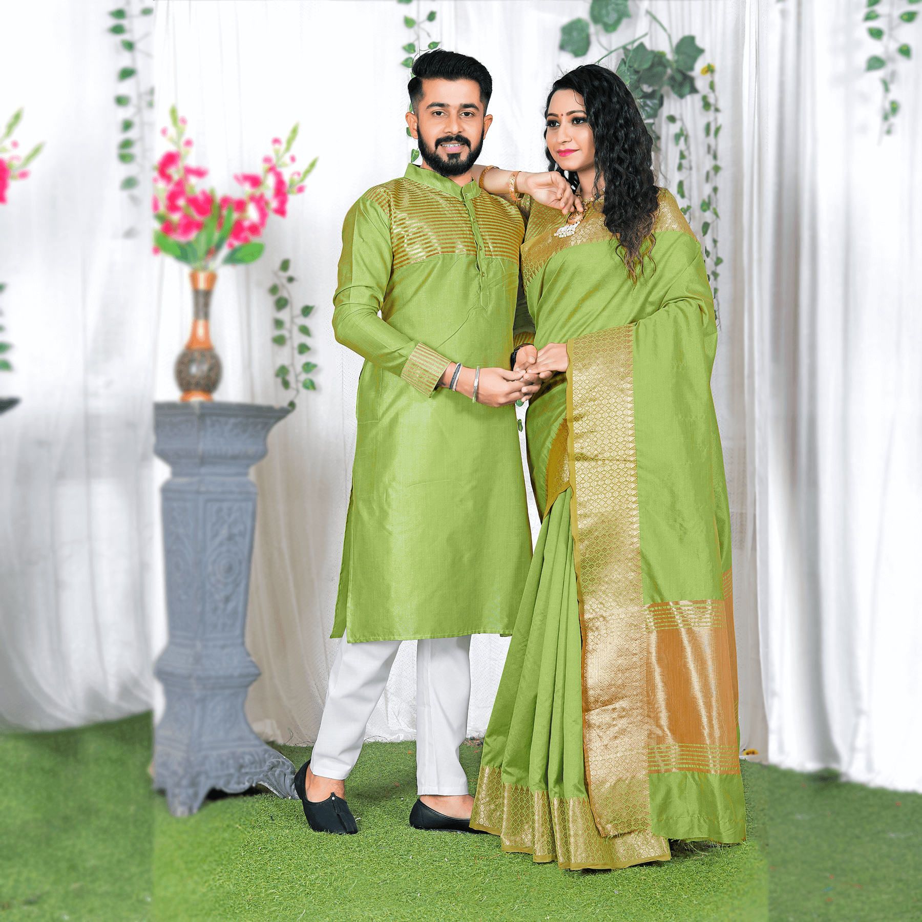 Lovely Mehndi Green Couple Dress Silk Saree & Kurta