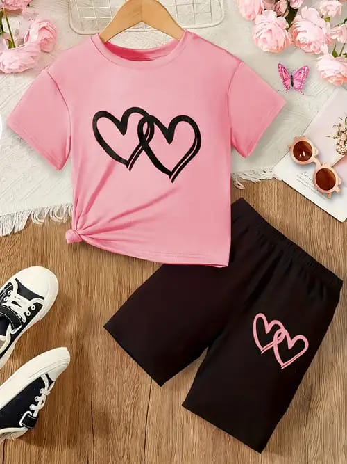 Adorable Heart Printed T-Shirt and Shorts for Girls – Pink Outfit" JC07
