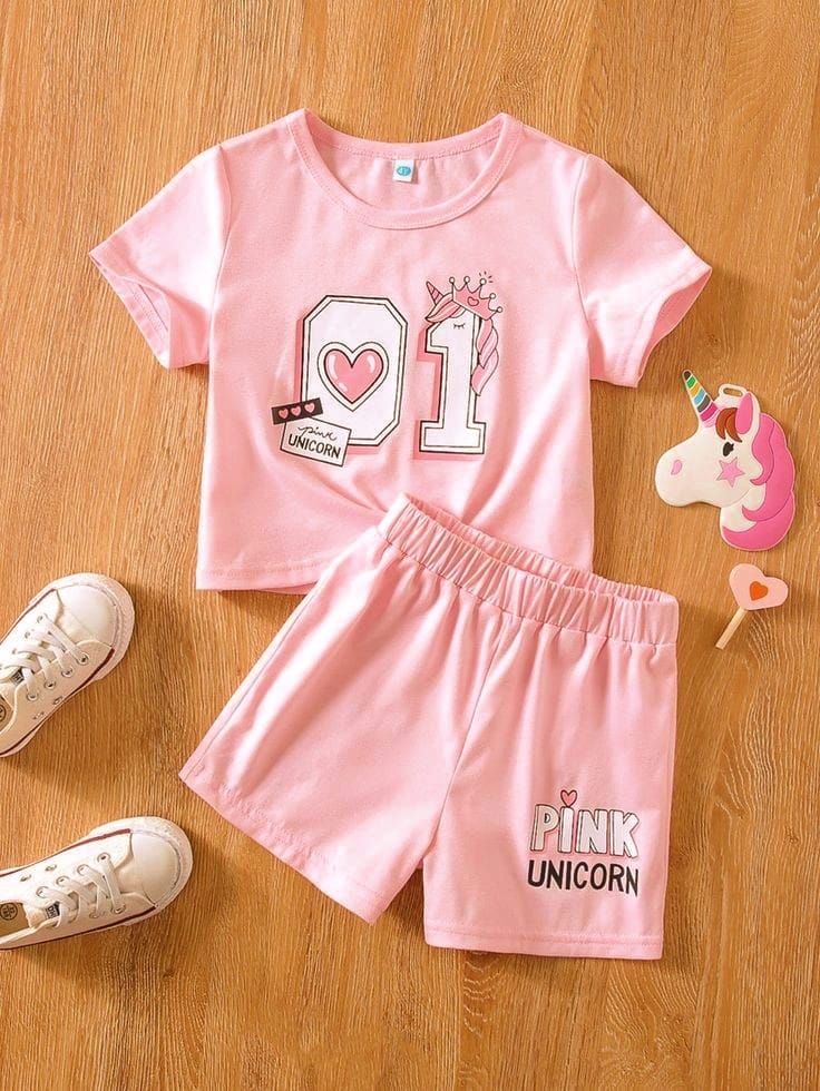 Adorable Unicorn T-Shirt and Shorts Set for Girls – Baby Pink JC11