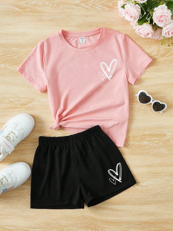 irls' Stylish Pink and Black Outfit – T-Shirt & Shorts for girls with Tiny Heart Print" JC14