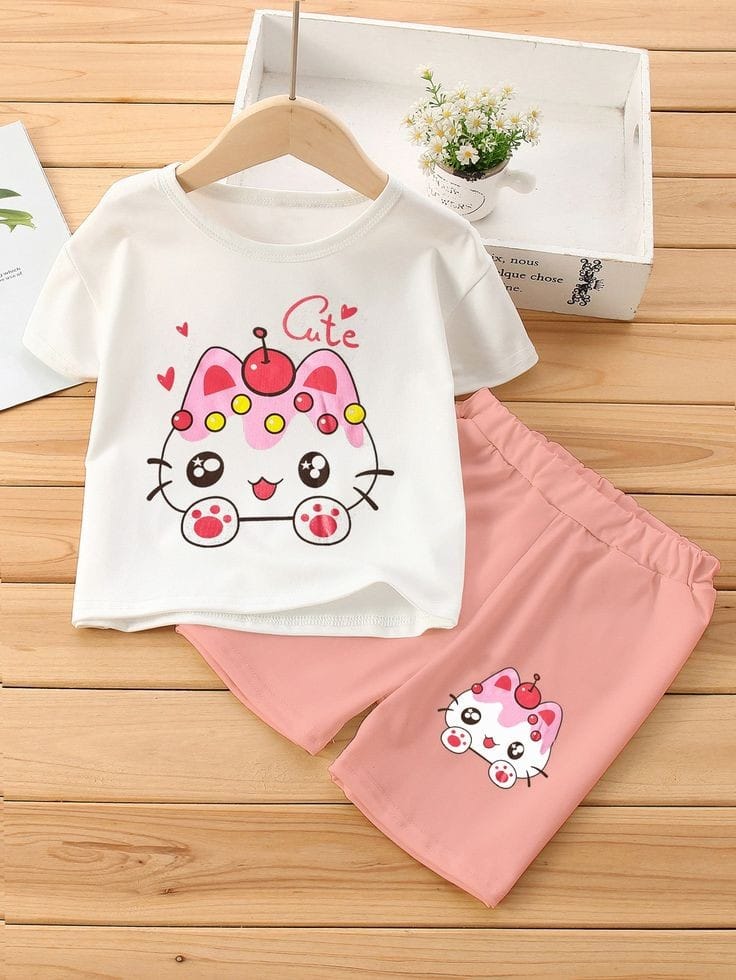 Adorable Girls' White and Pink T-Shirt & Shorts Set – Everyday Comfort" JC15