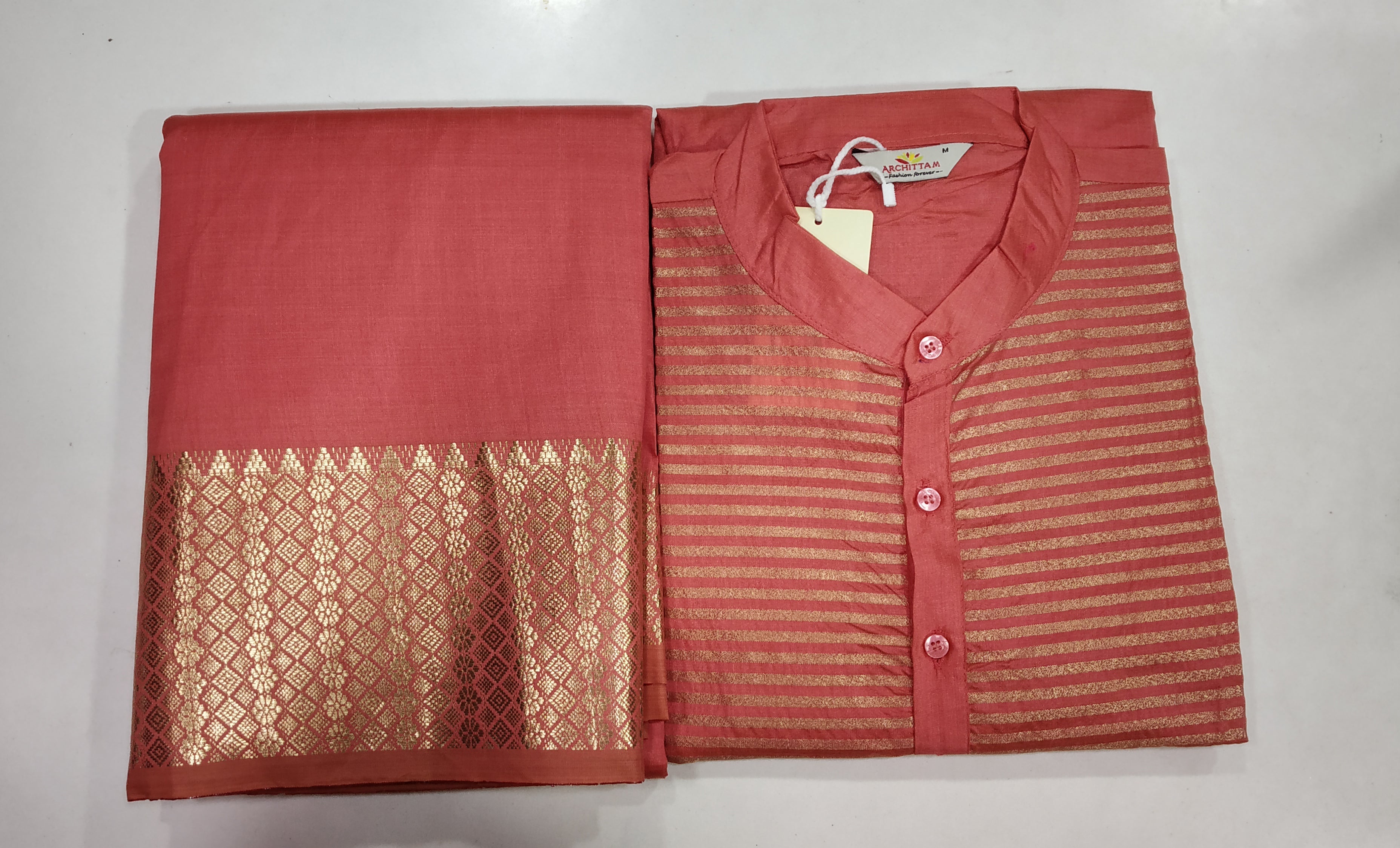 Lovely Peach Couple Dress Silk Saree & Kurta