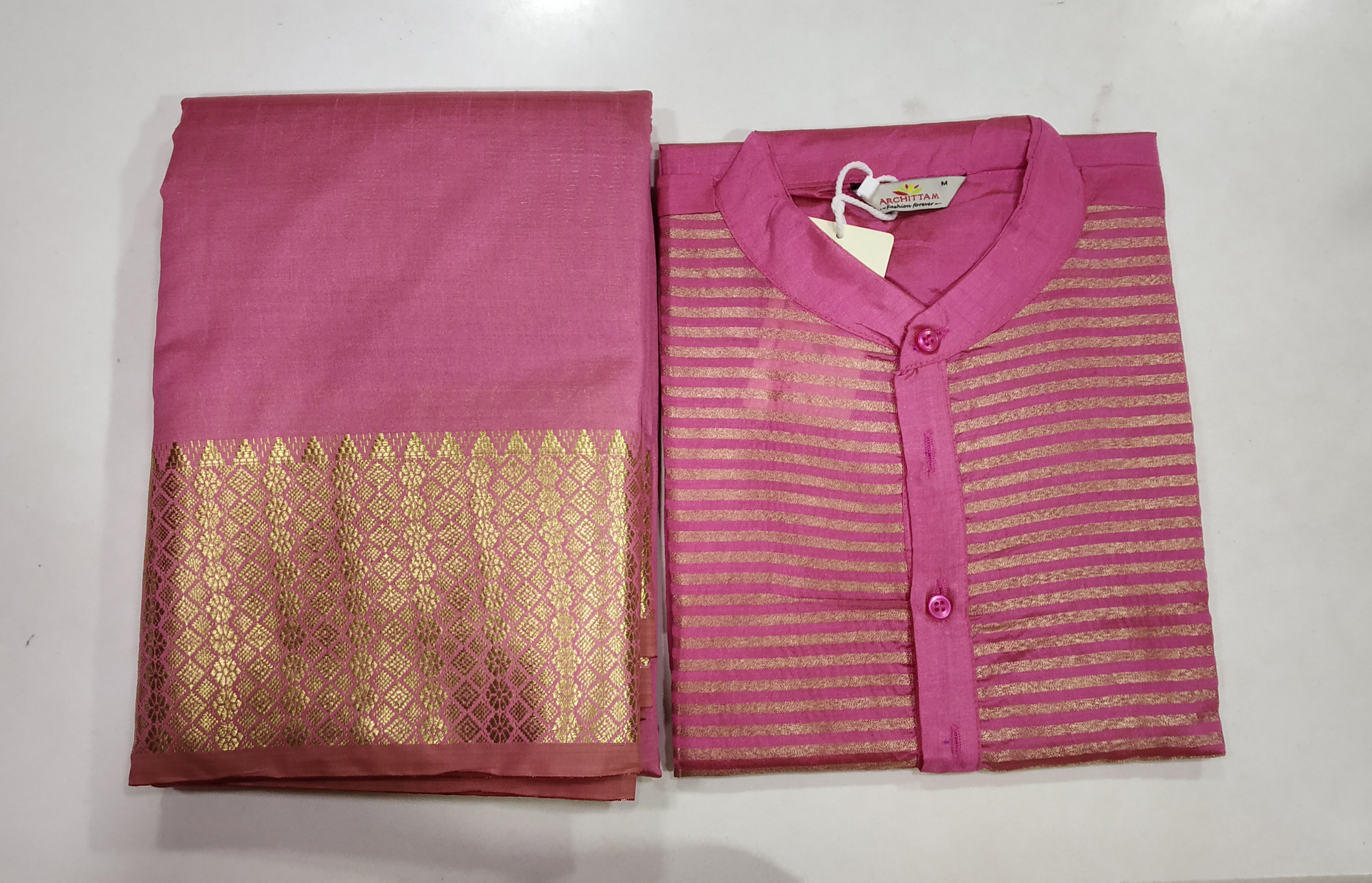 Lovely Pink Couple Dress Silk Saree & Kurta