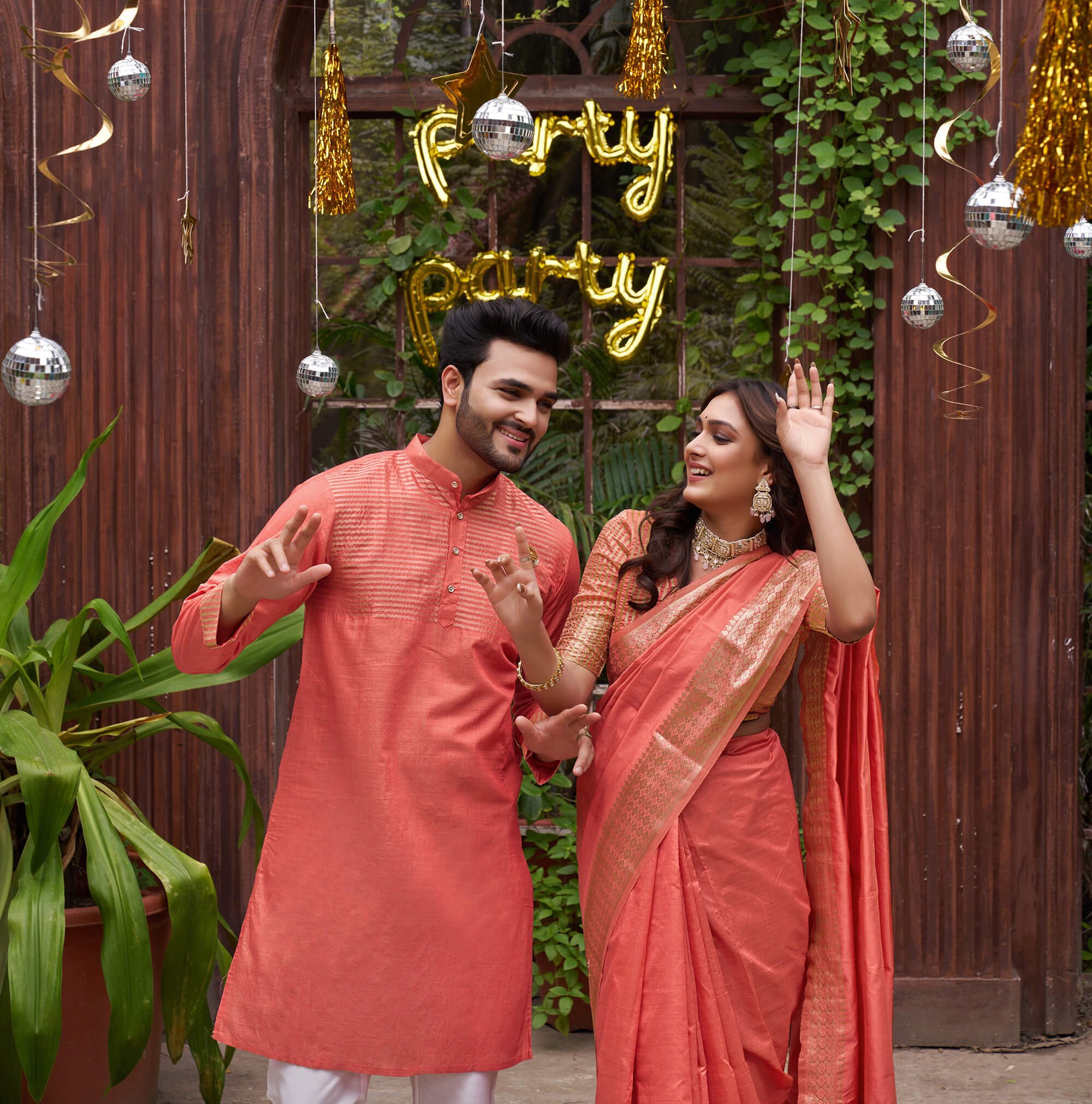 Aasam Silk Couple Dress Peach Saree & Kurta