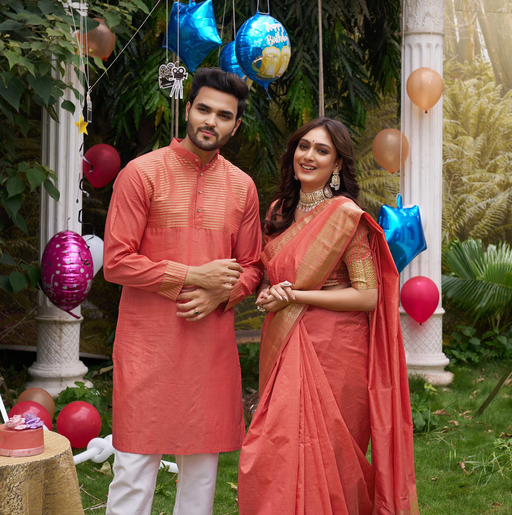 Aasam Silk Couple Dress Peach Saree & Kurta