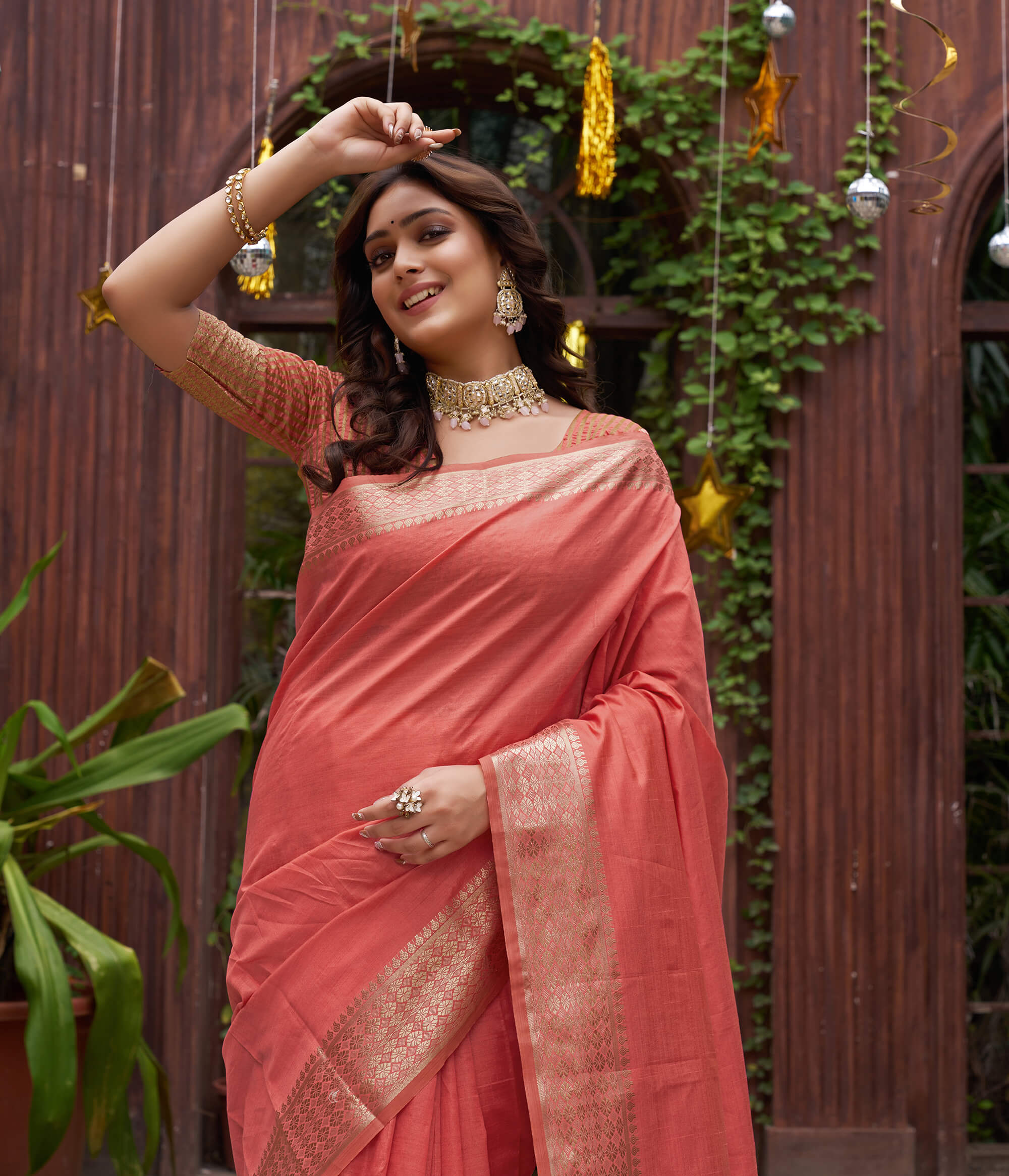 Aasam Silk Couple Dress Peach Saree & Kurta