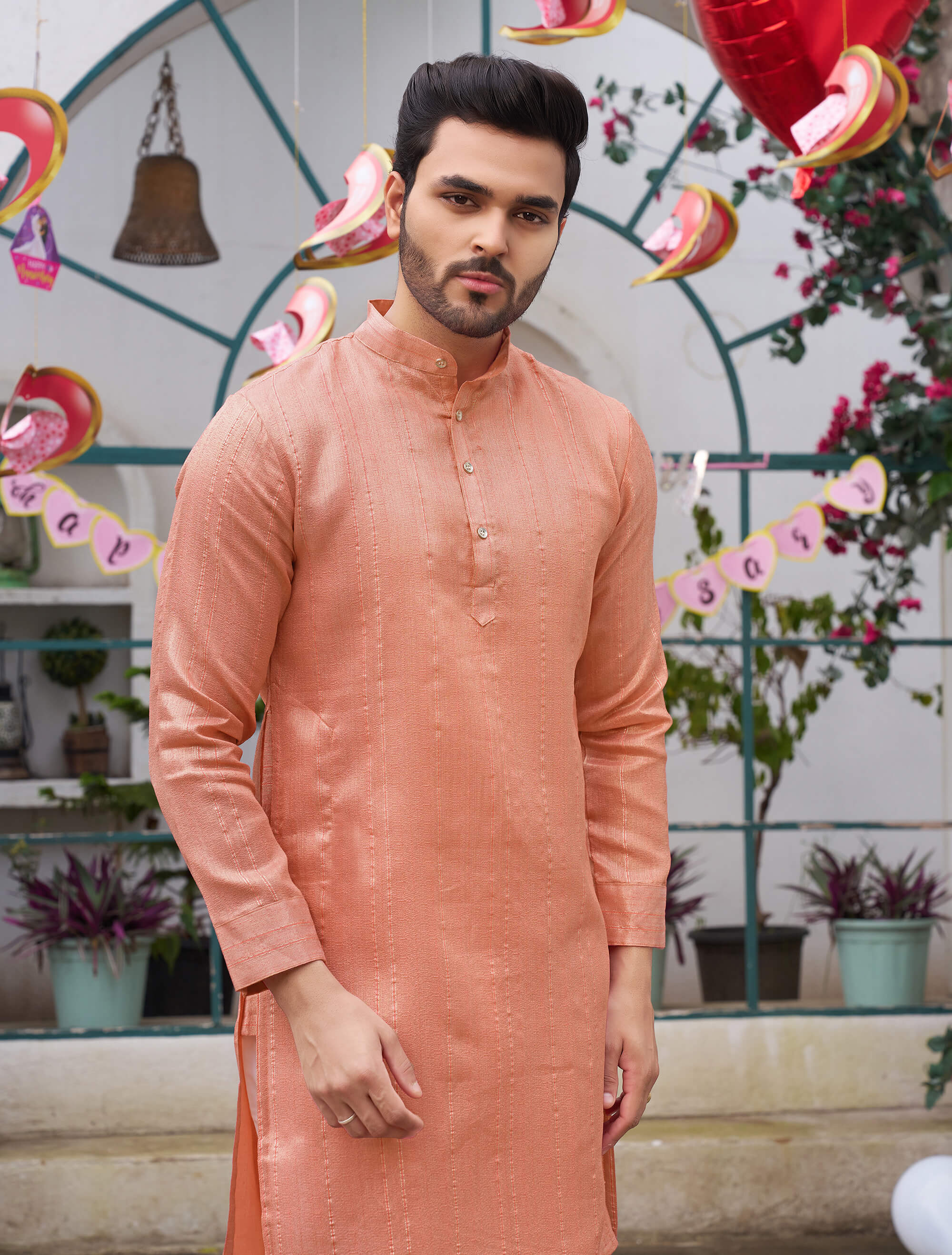 Stylish Men Zari Silk Gold Peach Kurta with Pajama
