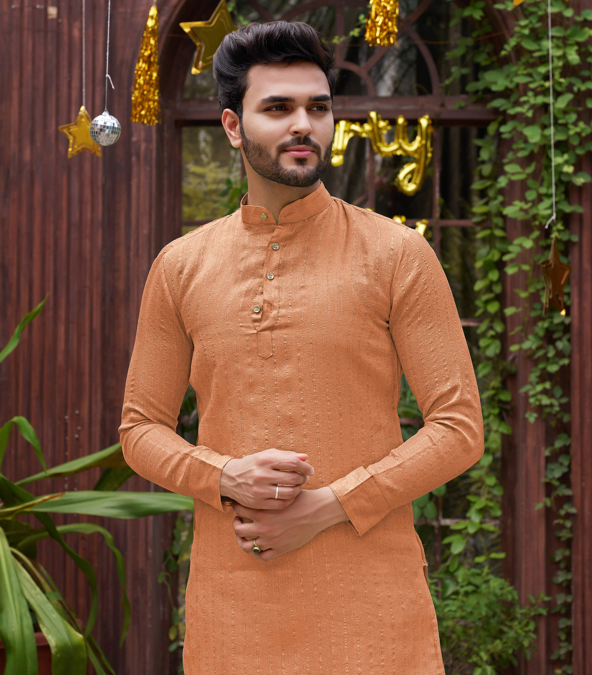 Stylish Men Zari Silk Peach Kurta with Pajama