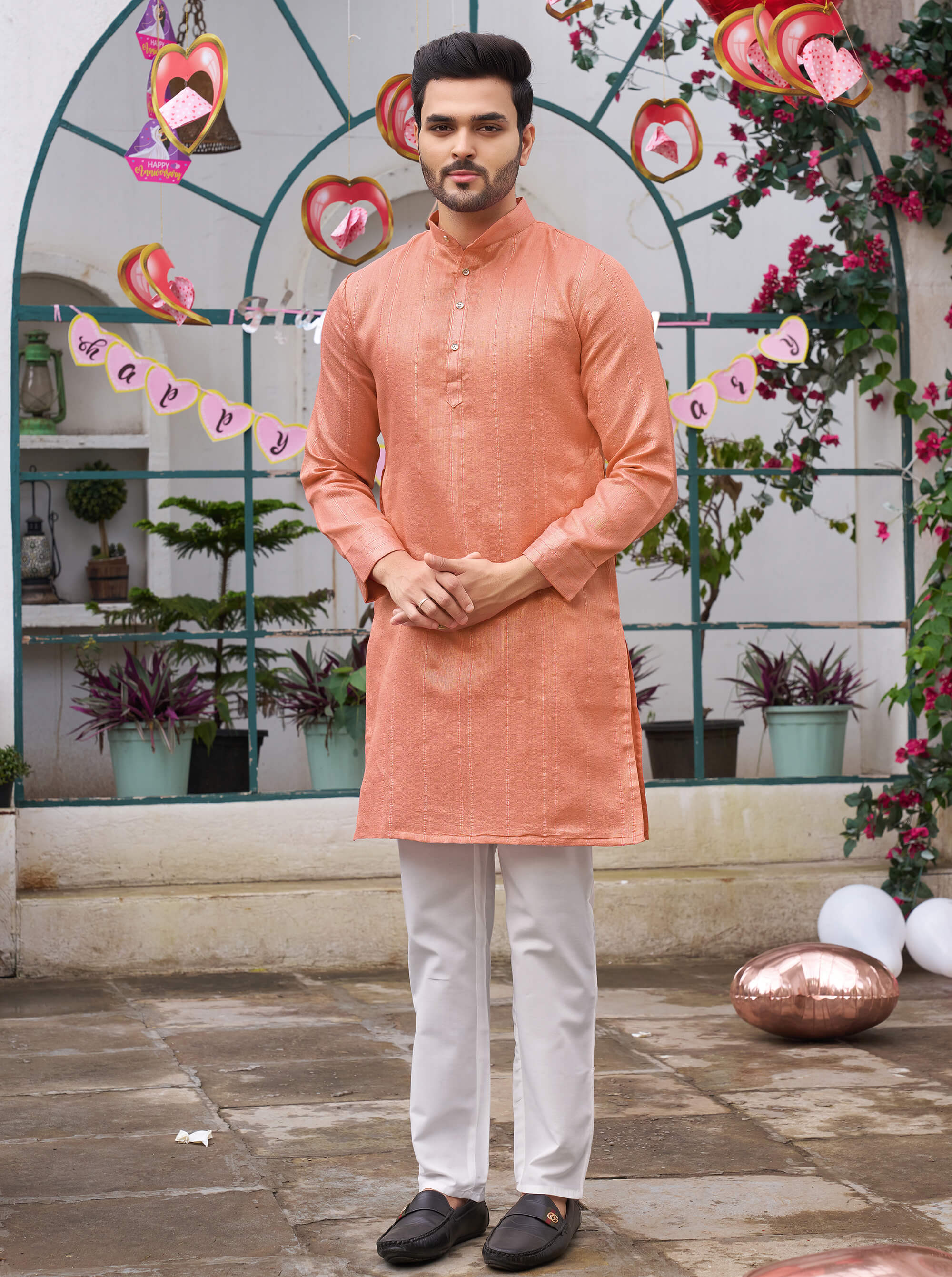 Stylish Men Zari Silk Gold Peach Kurta with Pajama