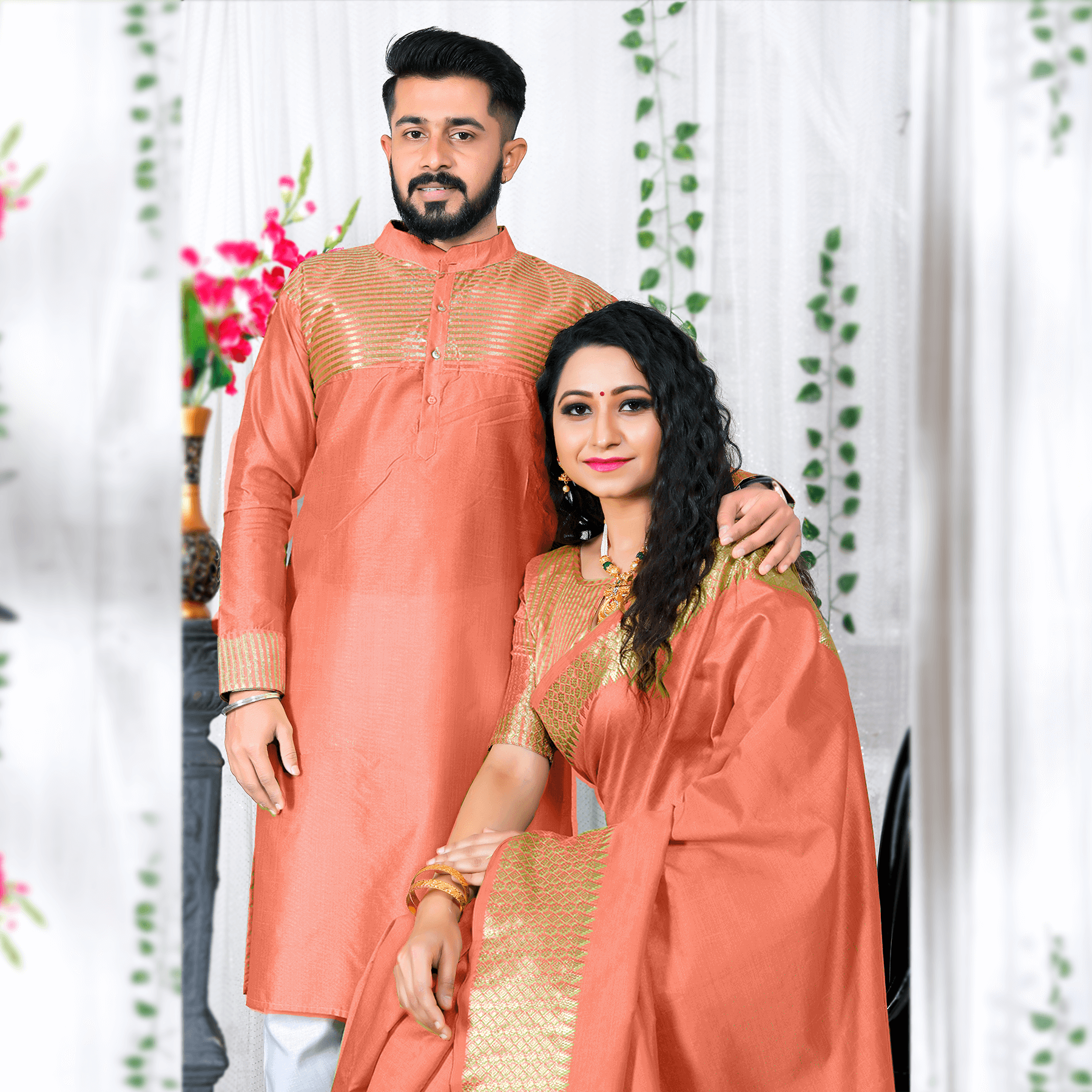 Lovely Peach Couple Dress Silk Saree & Kurta