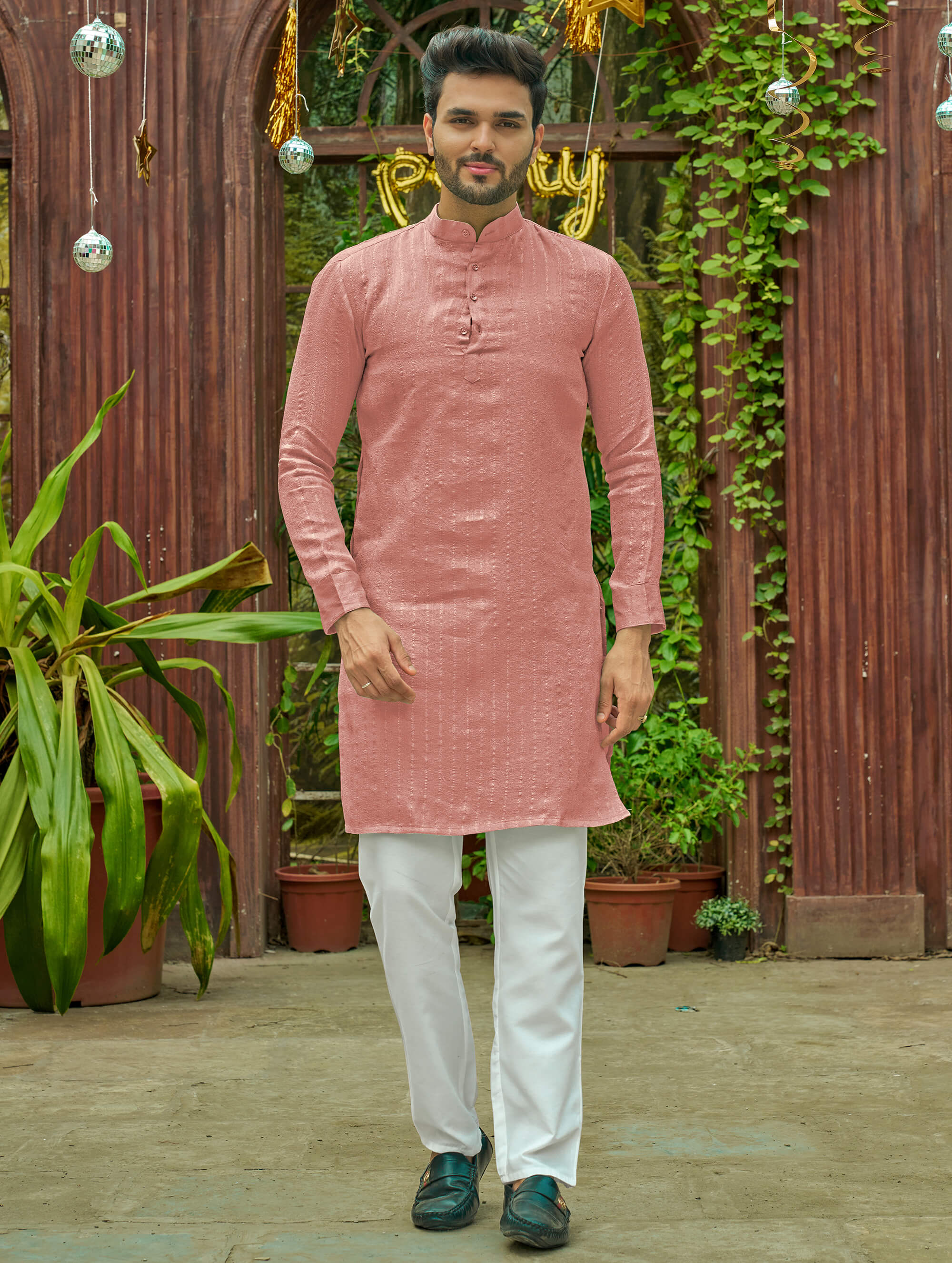 Stylish Men Zari Silk Pink Kurta with Pajama