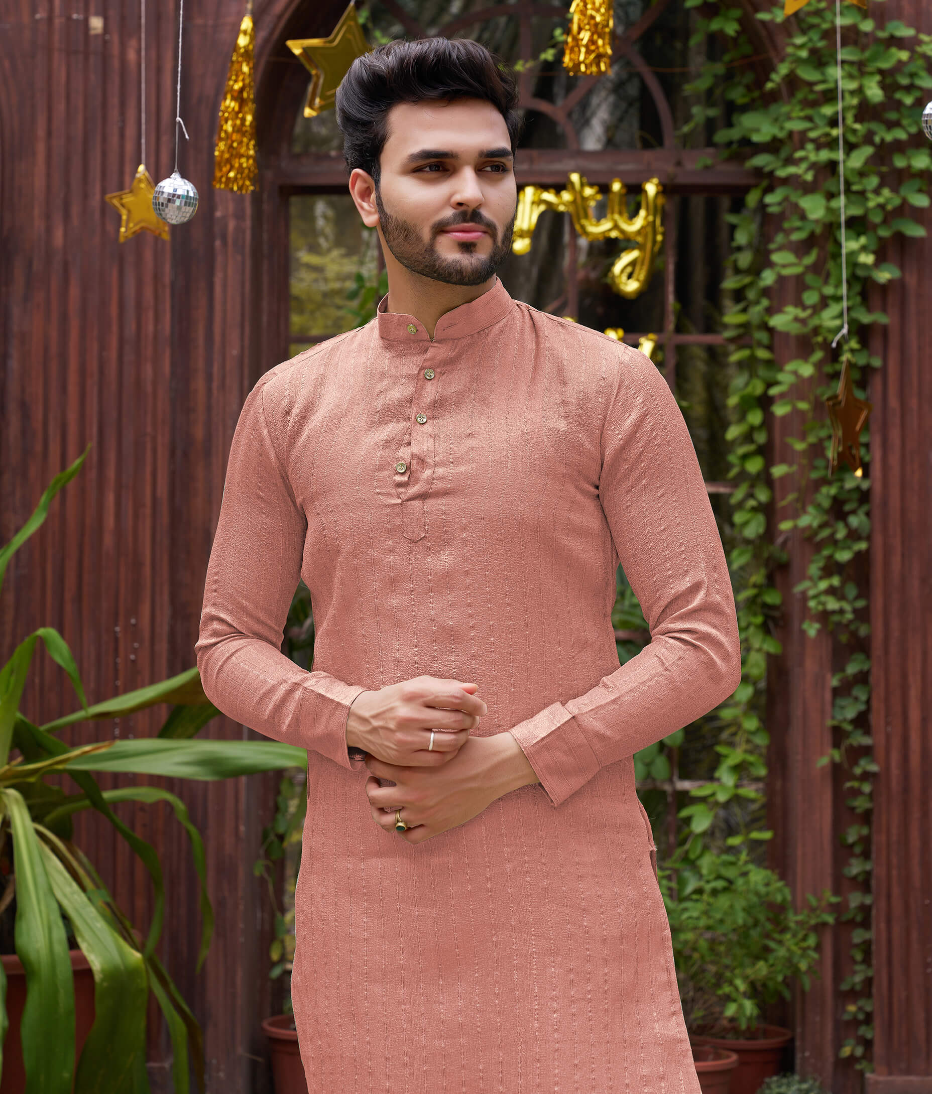 Stylish Men Zari Silk Pink Kurta with Pajama