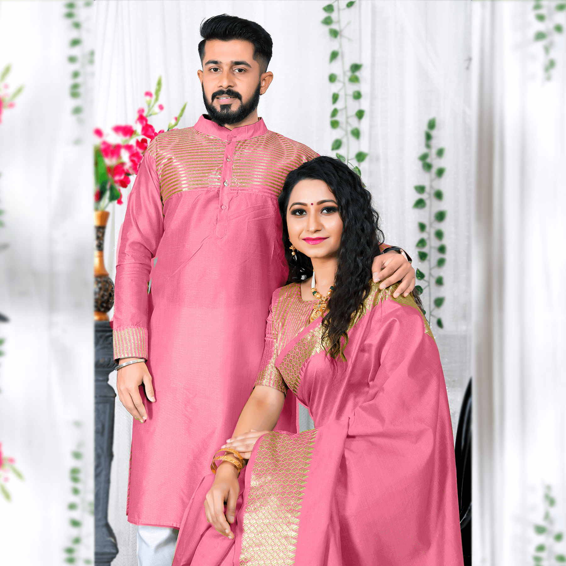 Lovely Pink Couple Dress Silk Saree & Kurta