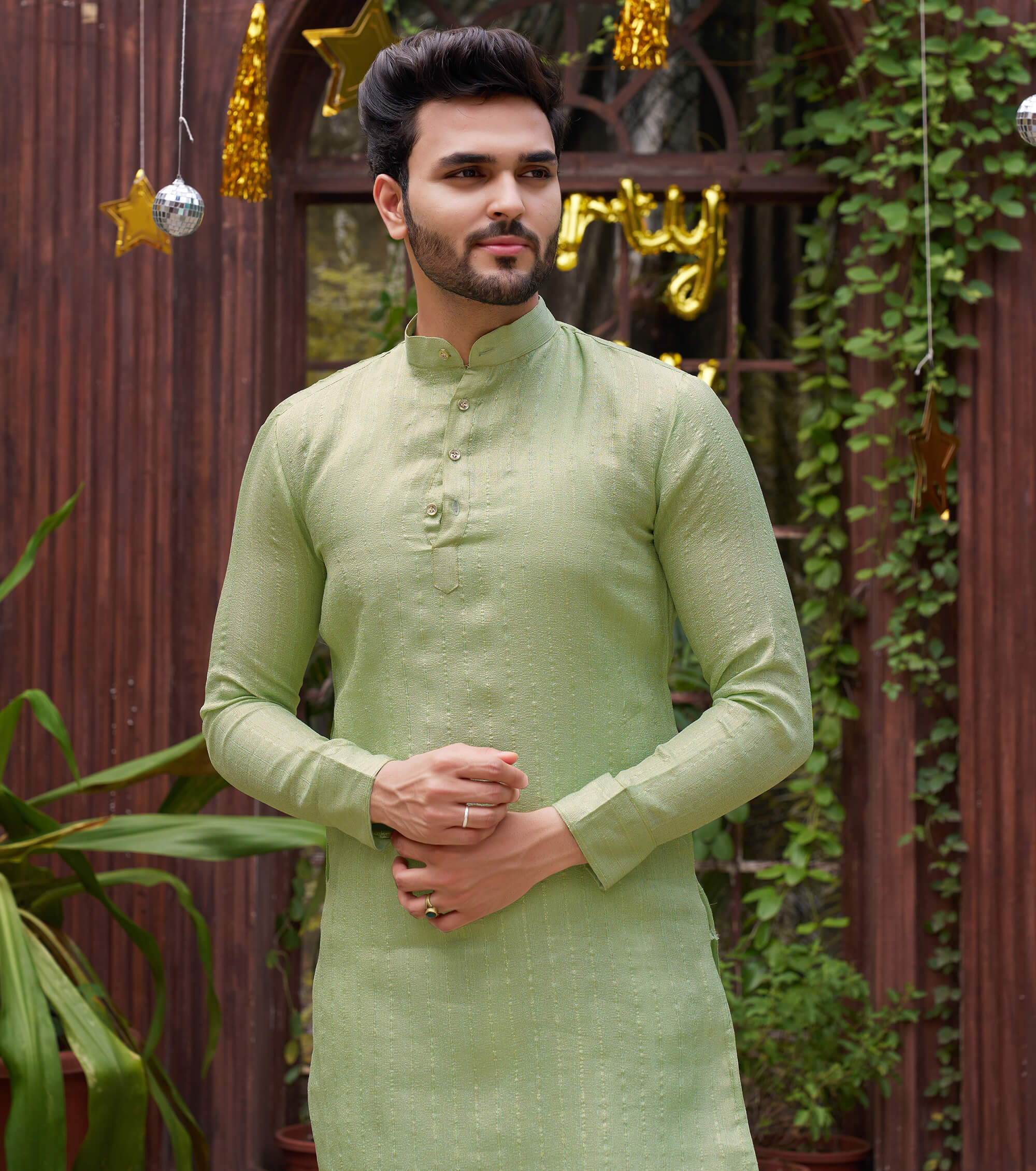 Stylish Men Zari Silk Gold Pista Kurta with Pajama