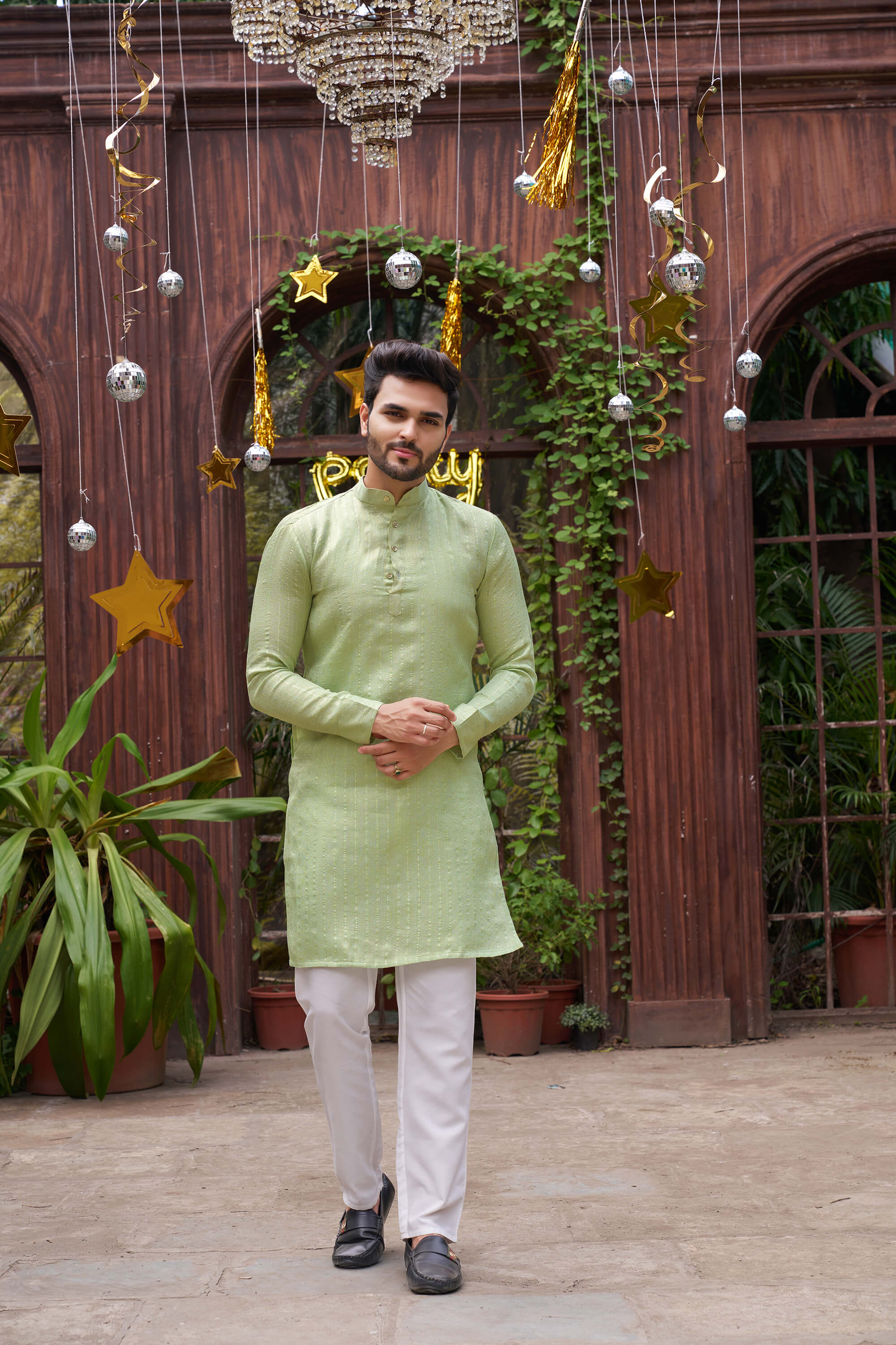 Stylish Men Zari Silk Gold Pista Kurta with Pajama