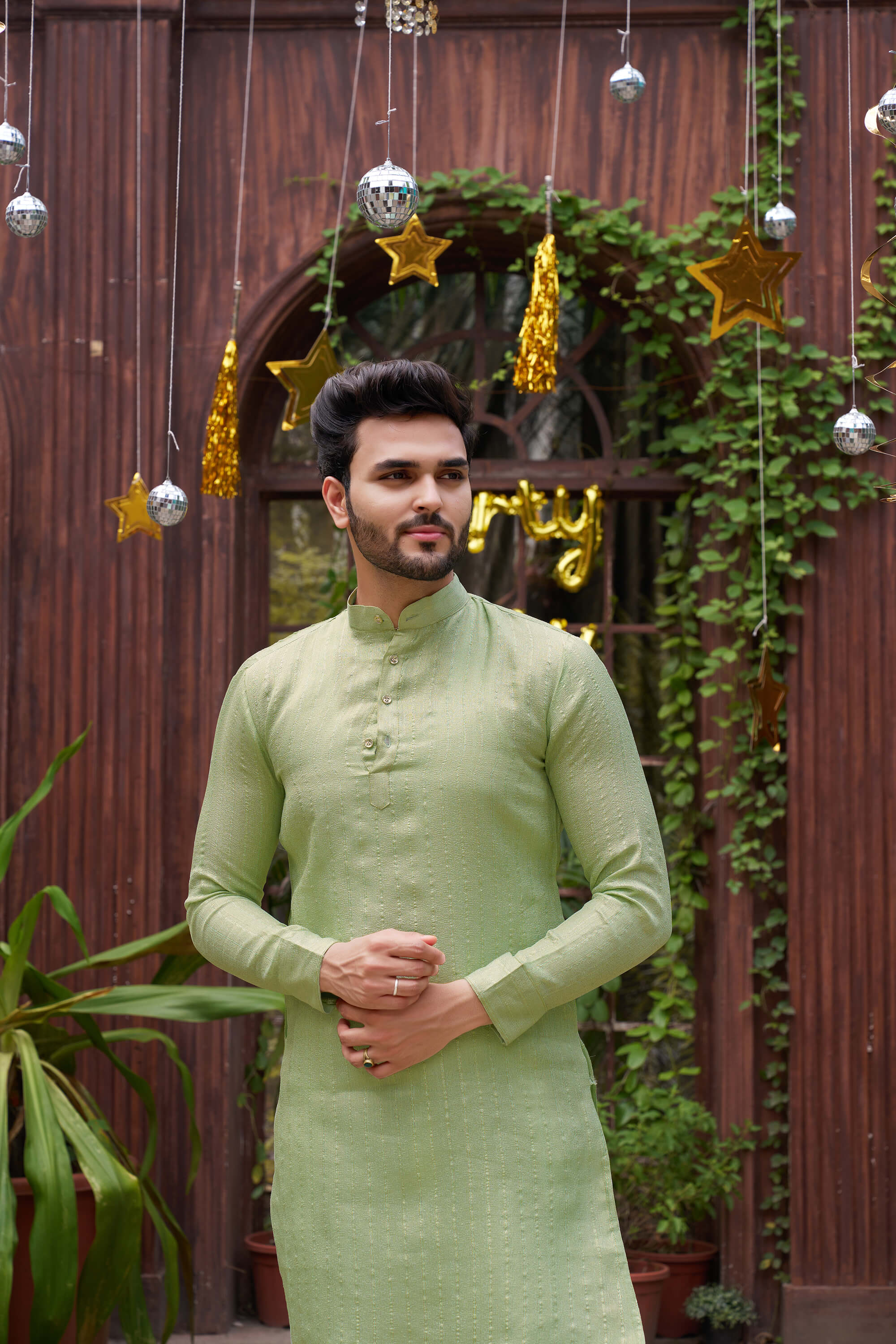 Stylish Men Zari Silk Gold Pista Kurta with Pajama