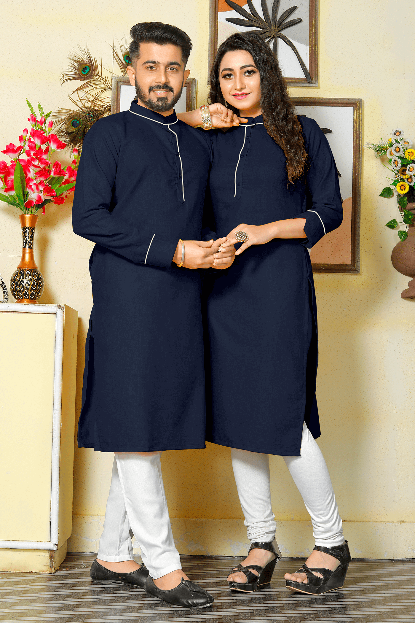 Pummy Dark Blue Couple Dress Cotton Kurta and Kurti