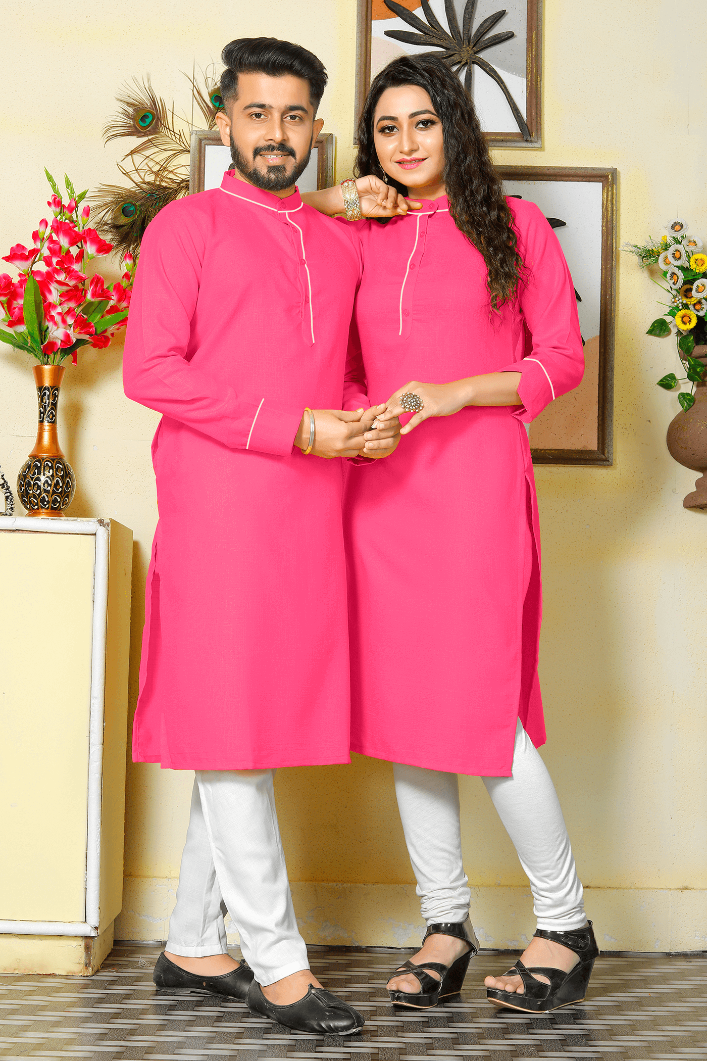 Pummy Pink Couple Dress Cotton Kurta and Kurti