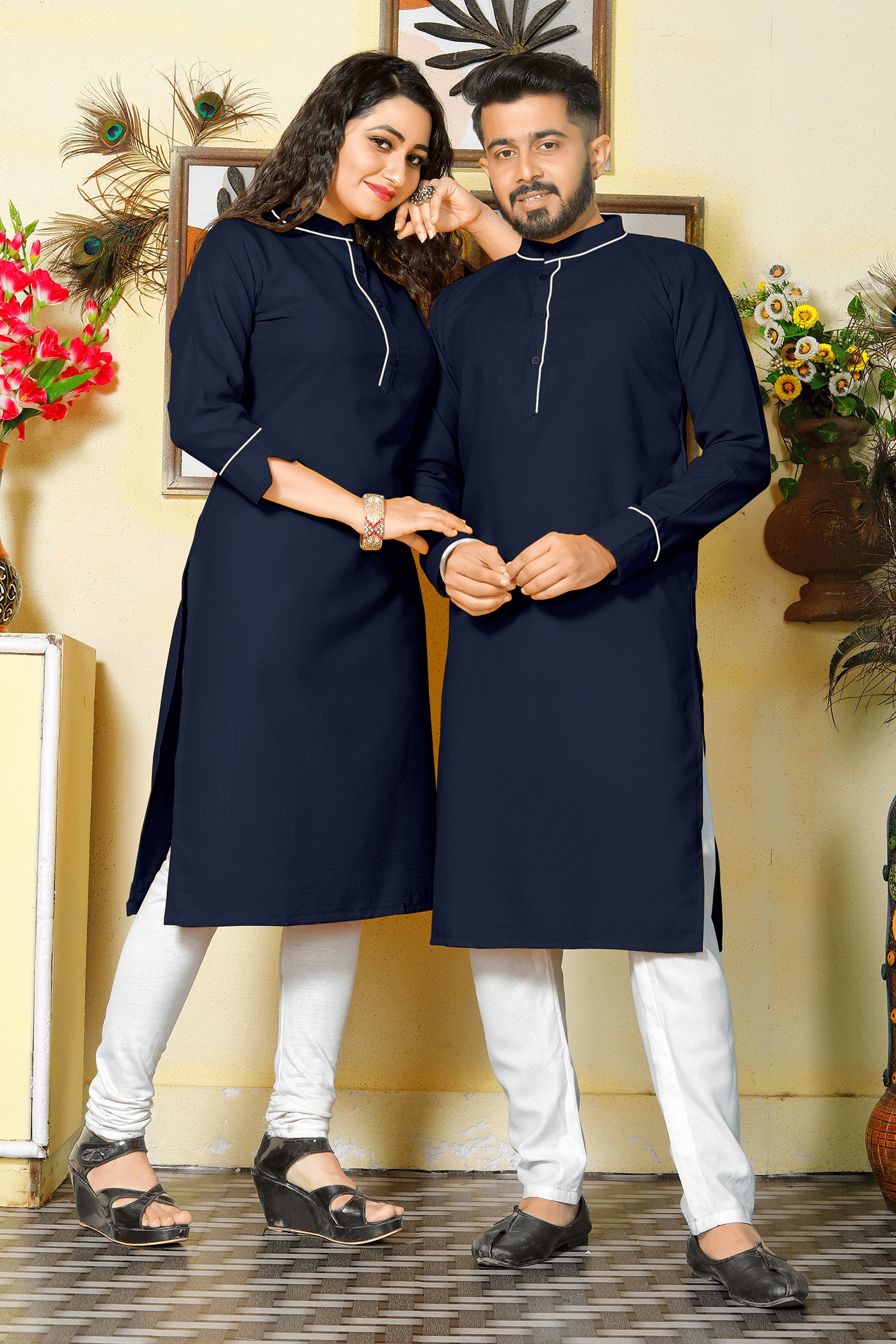 Pummy Dark Blue Couple Dress Cotton Kurta and Kurti