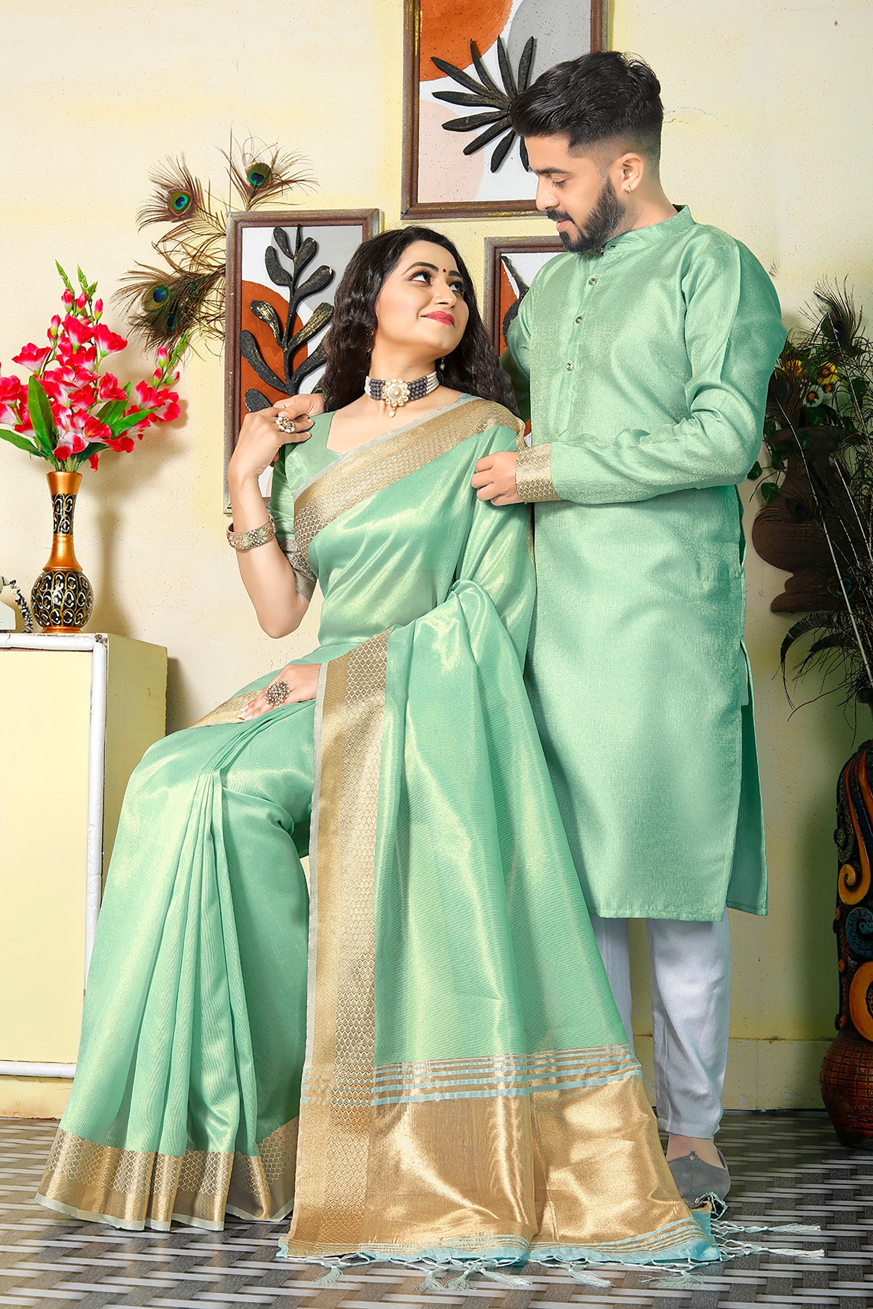 Sweety Pista Green Couple Dress Silk Saree & Kurta