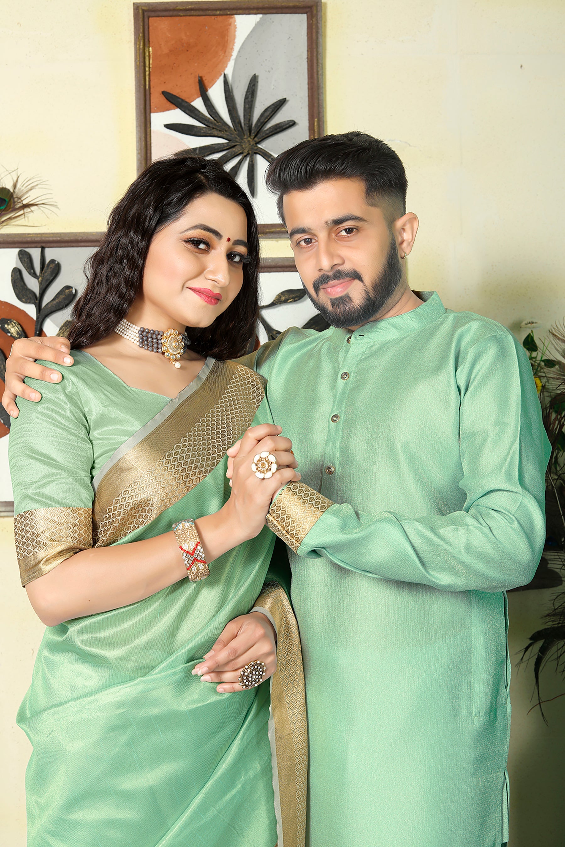 Sweety Pista Green Couple Dress Silk Saree & Kurta