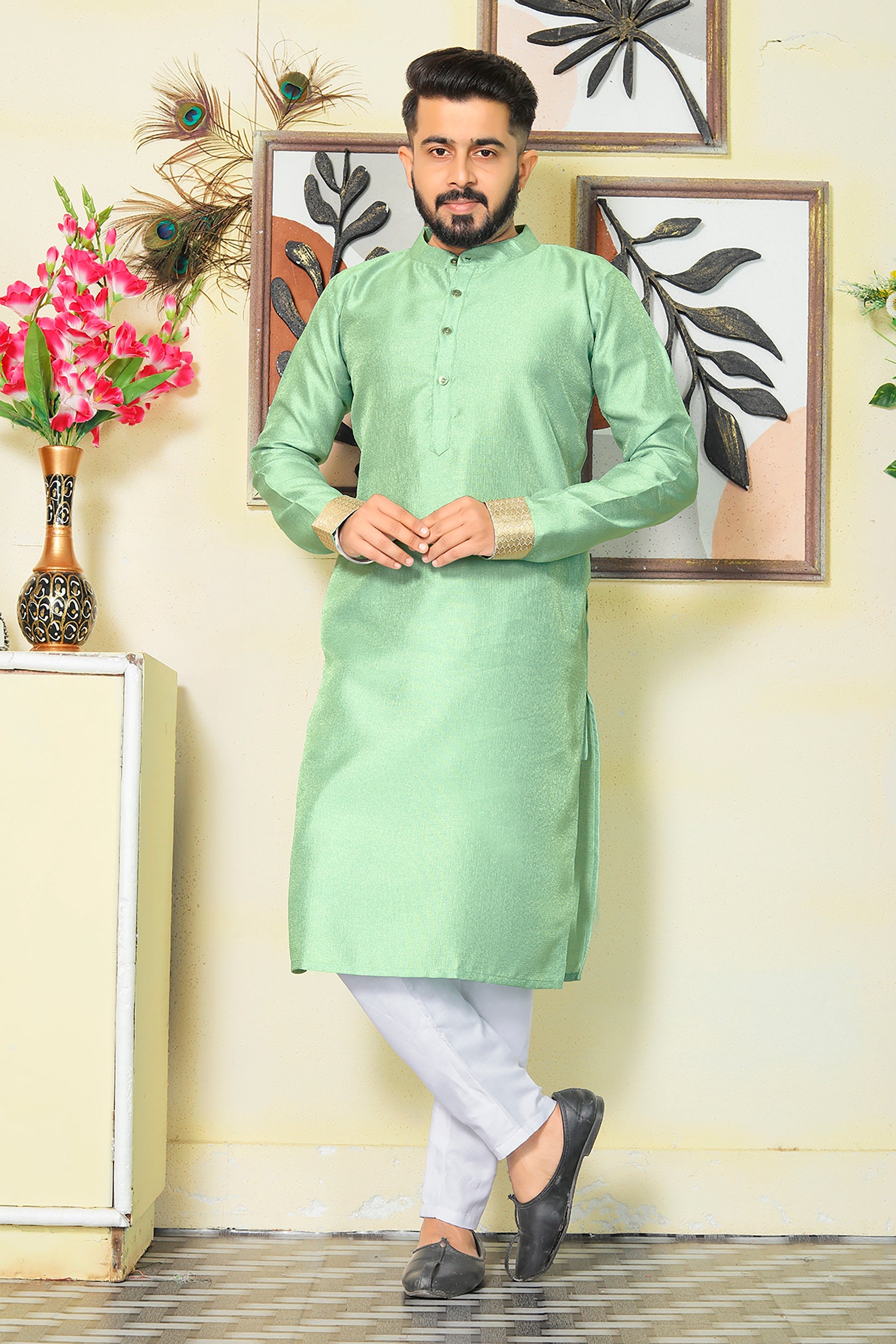 Sweety Pista Green Couple Dress Silk Saree & Kurta