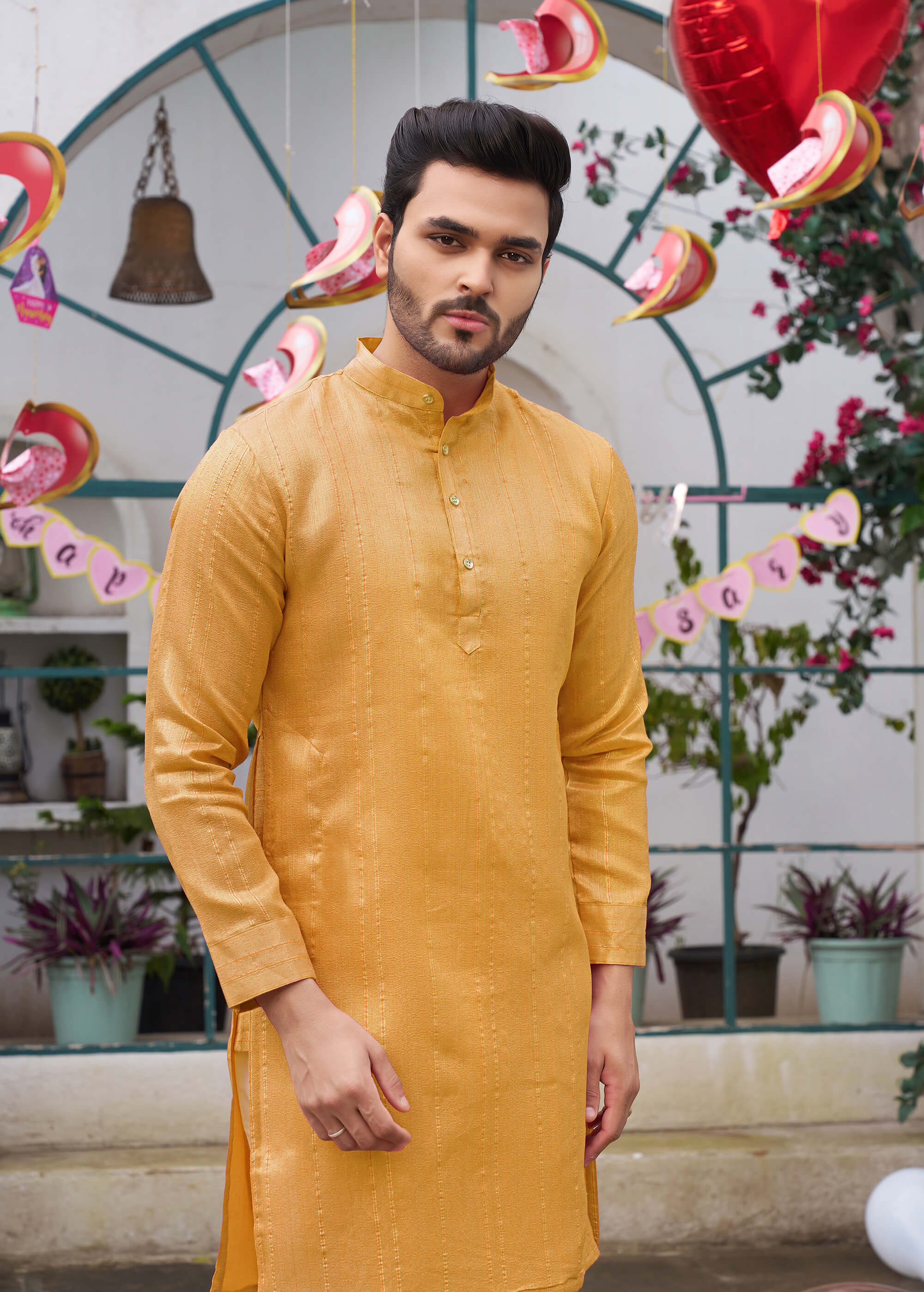 Stylish Men Zari Silk Gold Yellow Kurta with Pajama