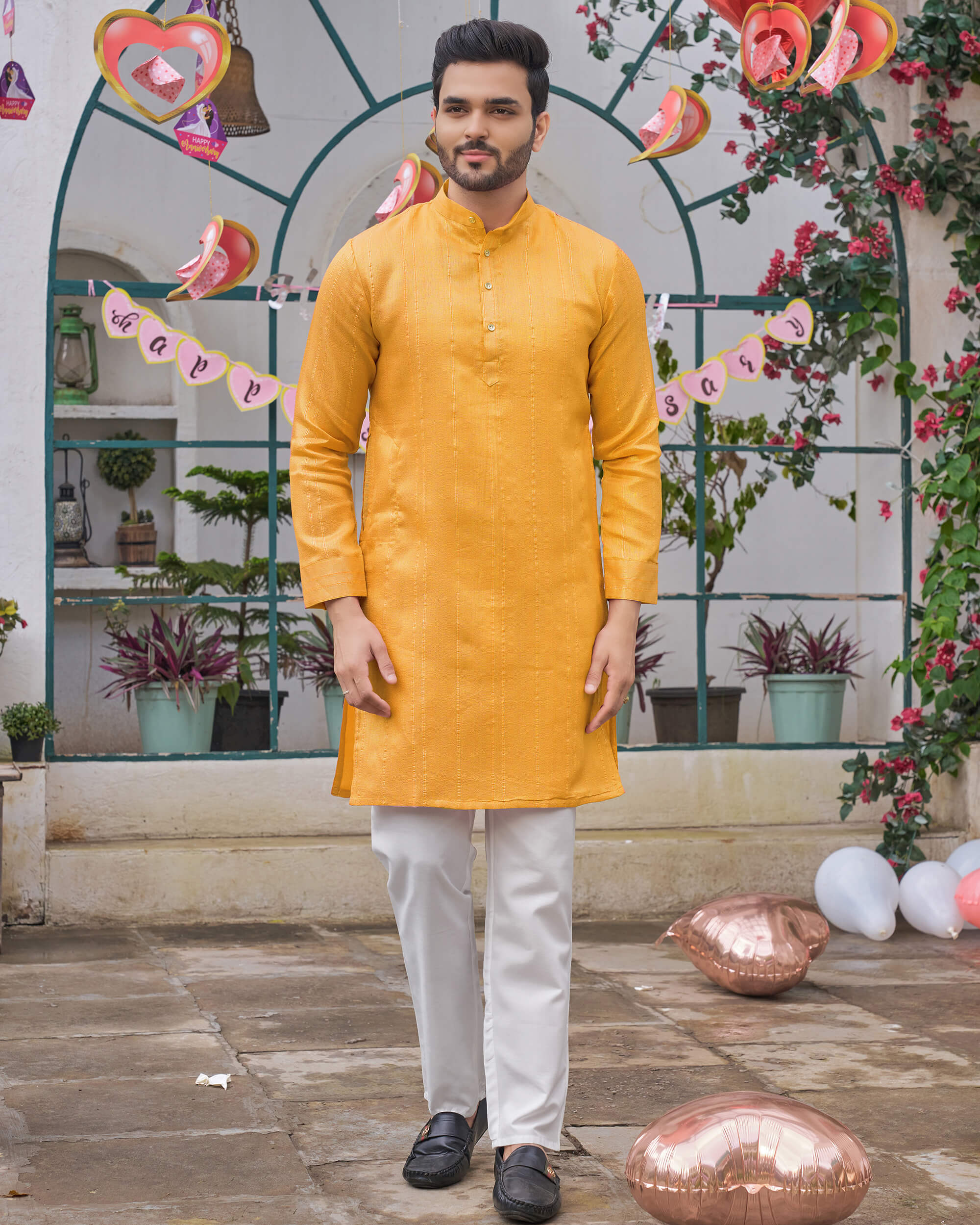 Stylish Men Zari Silk Gold Yellow Kurta with Pajama