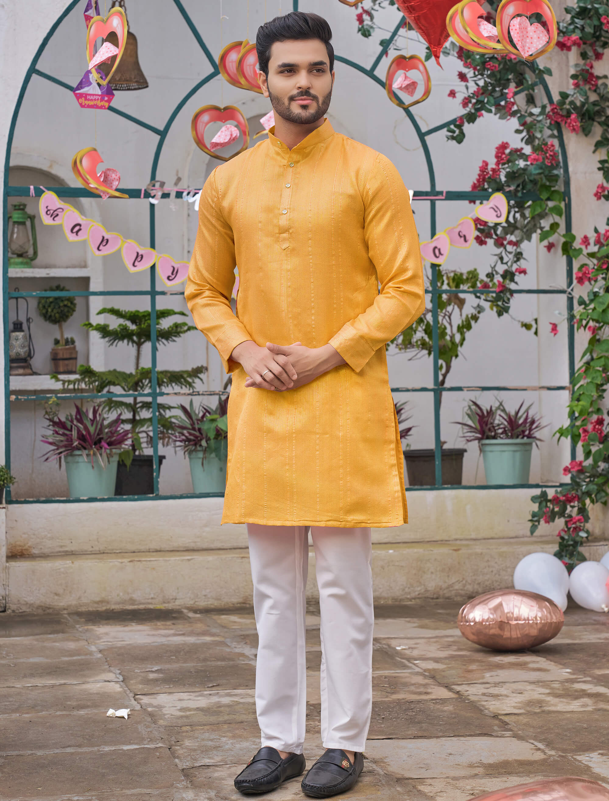 Stylish Men Zari Silk Gold Yellow Kurta with Pajama