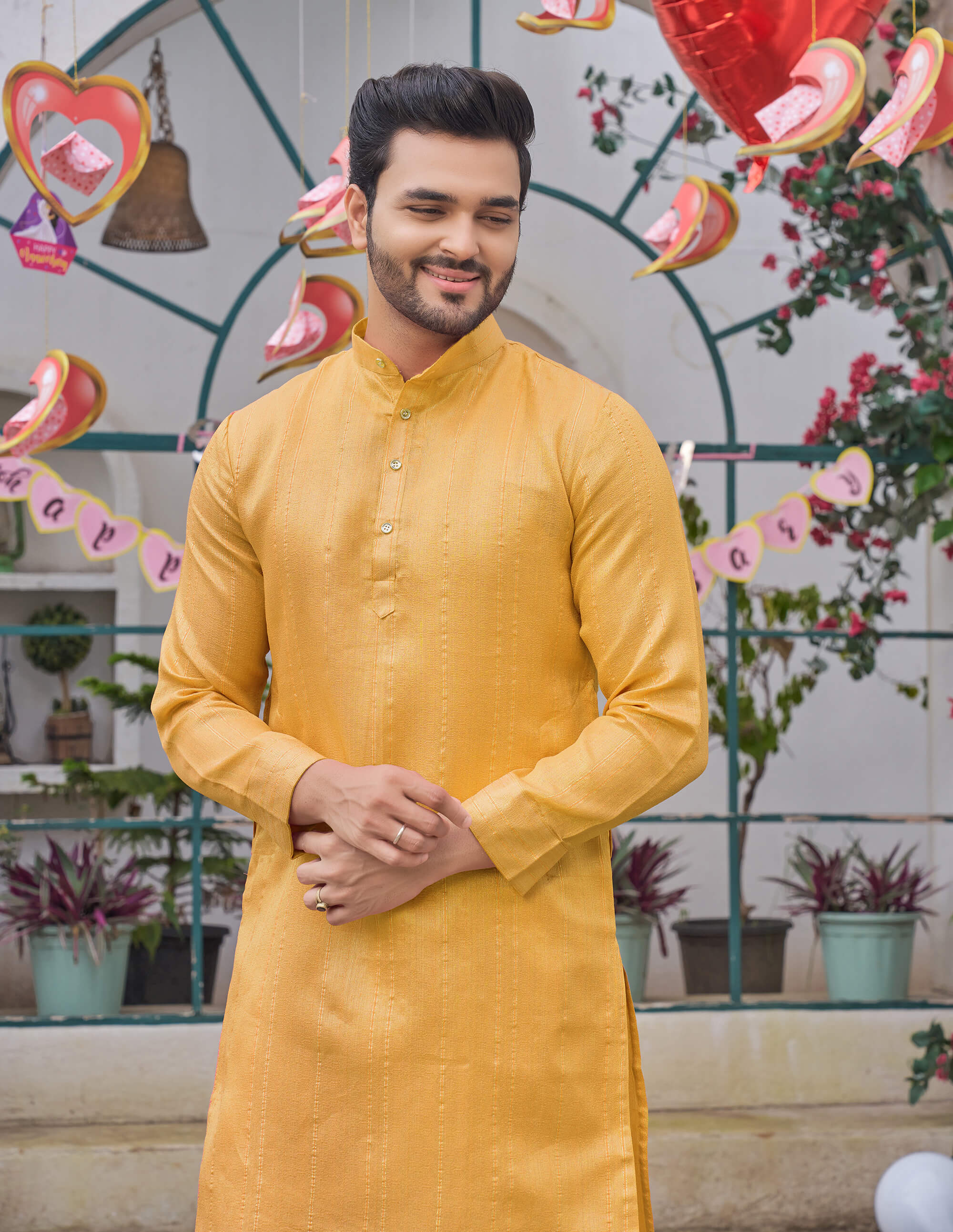 Stylish Men Zari Silk Gold Yellow Kurta with Pajama