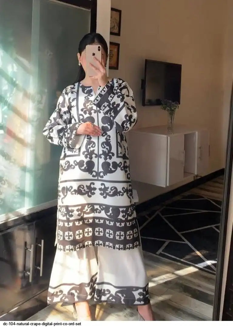 Elegance White Co-Ord Set with Artistic Prints by Tareefa DC104