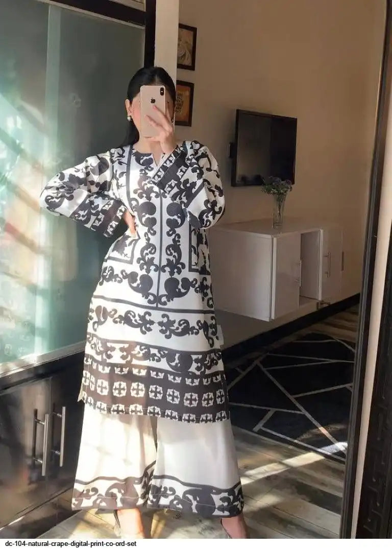 Elegance White Co-Ord Set with Artistic Prints by Tareefa DC104