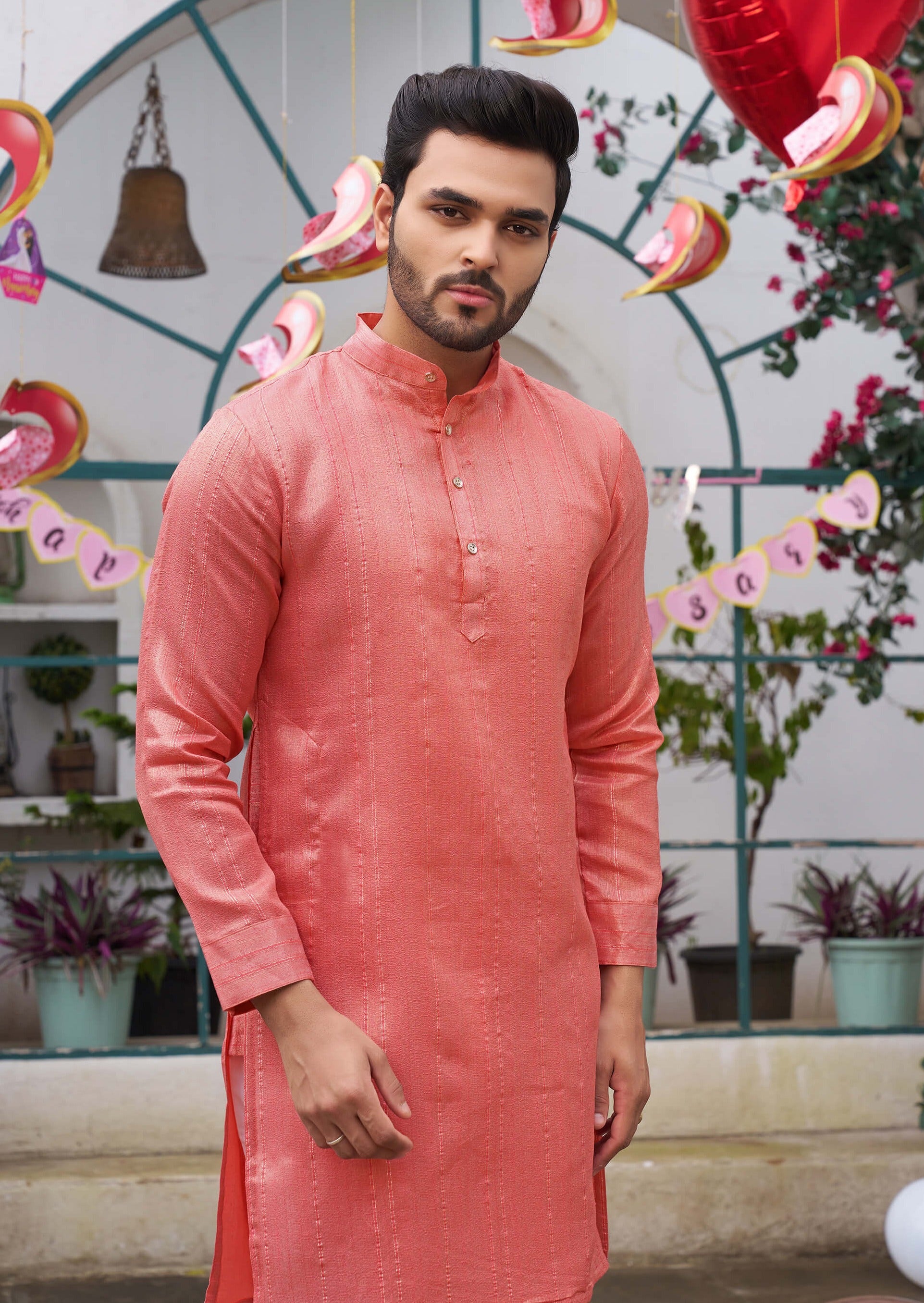 Stylish Men Zari Silk Gold Pink Kurta with Pajama