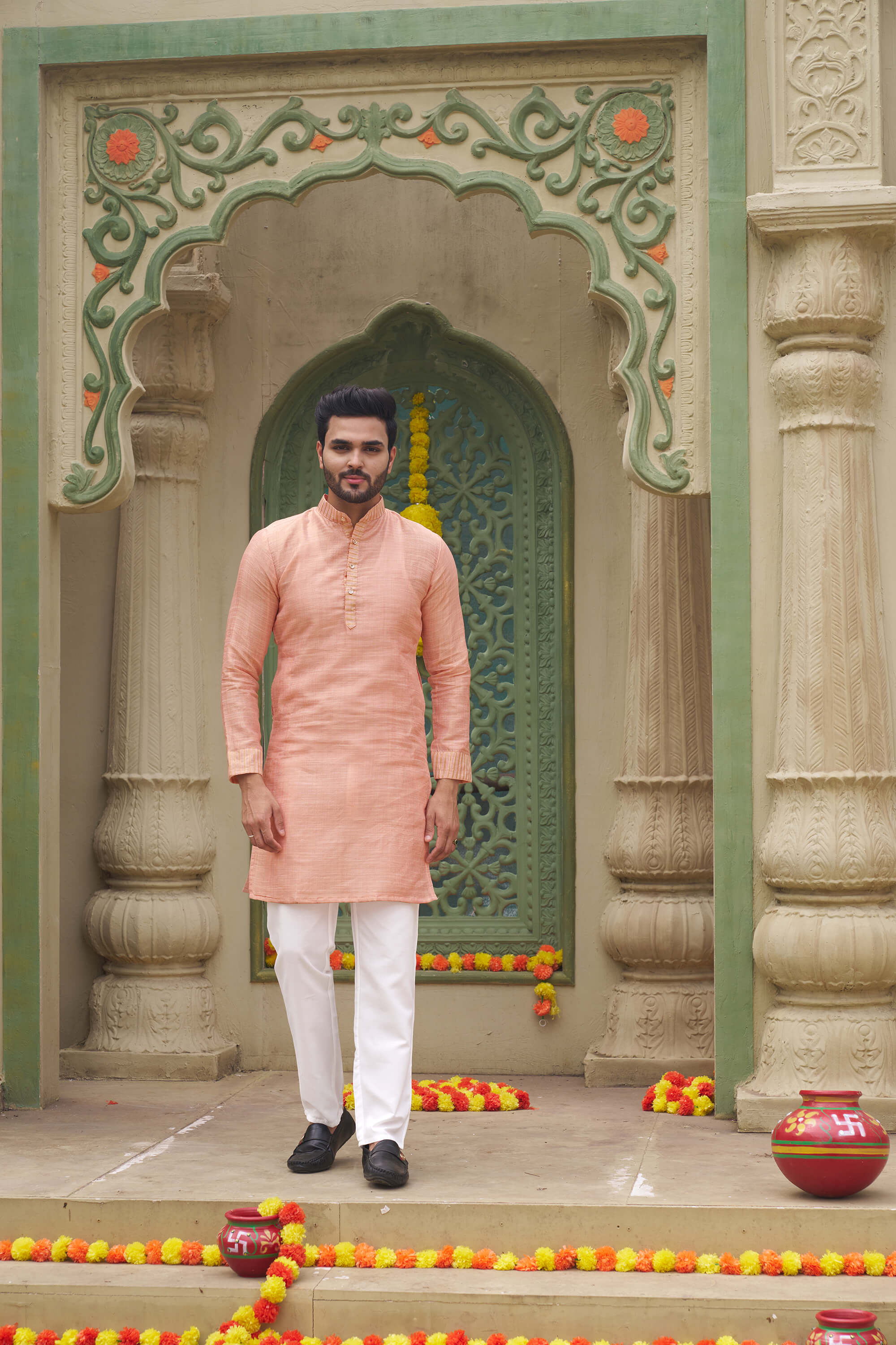 Jenika Gold Peach Couple Dress art silk Saree and Kurta for Special Occasions