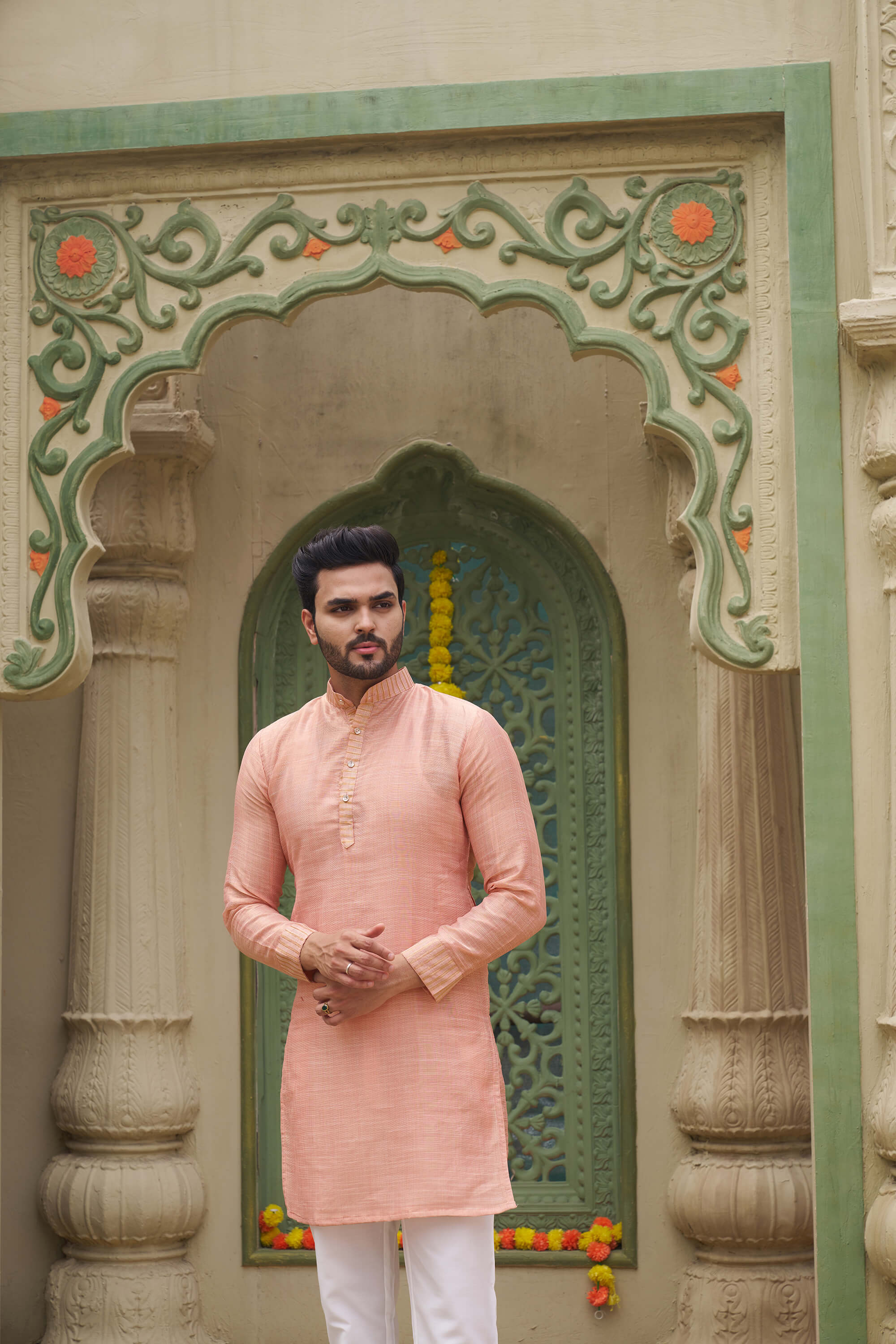 Jenika Gold Peach Couple Dress art silk Saree and Kurta for Special Occasions