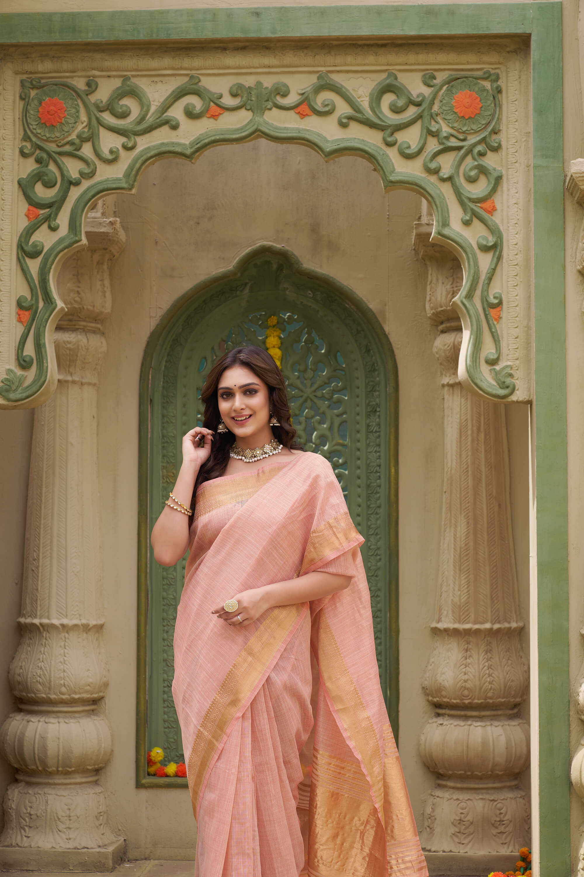 Jenika Gold Peach Couple Dress art silk Saree and Kurta for Special Occasions