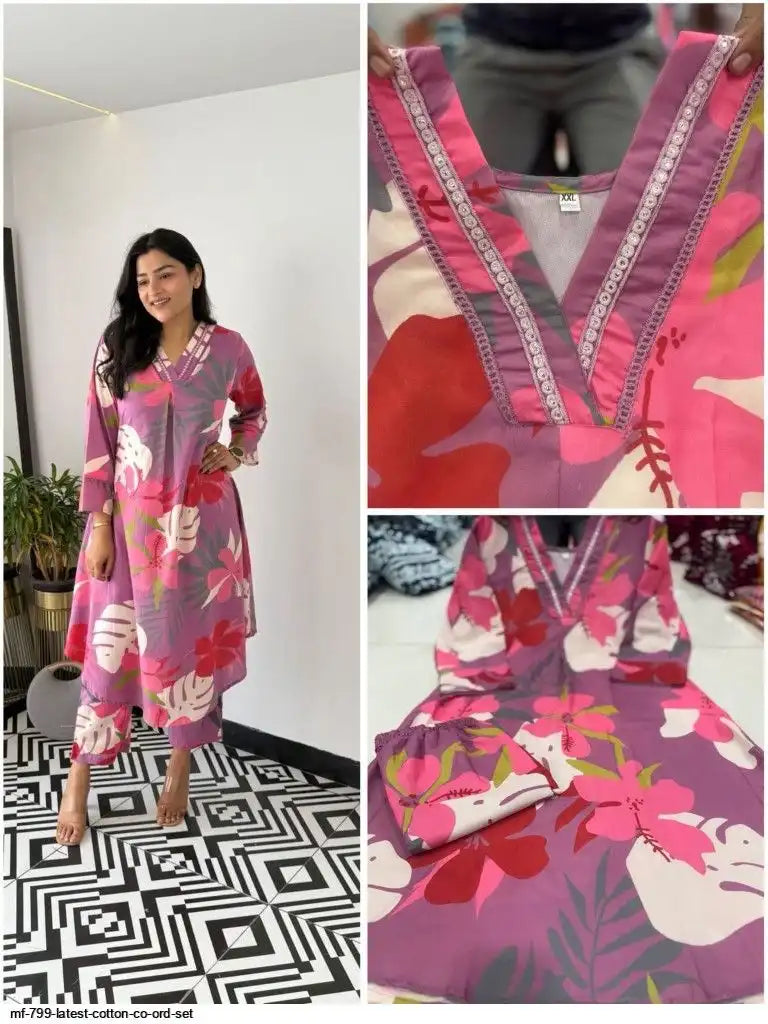 Pink and Purple Floral Printed Cotton Silk Co-Ord Set by Tareefa  MF799