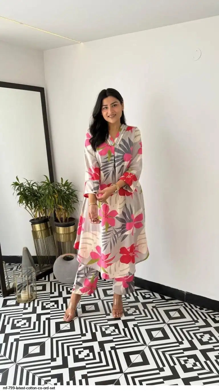 Grey floral printed silk co-ord set by Tareefa MF799