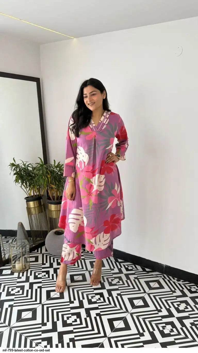 Pink and Purple Floral Printed Cotton Silk Co-Ord Set by Tareefa  MF799