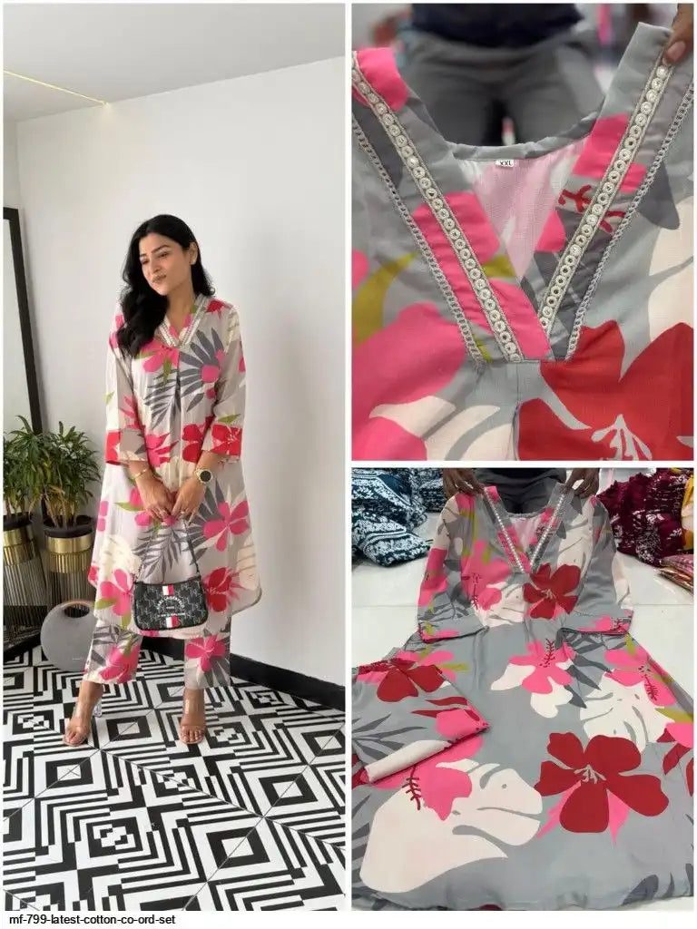 Grey floral printed silk co-ord set by Tareefa MF799