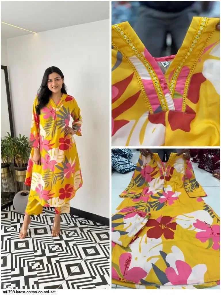 Yellow floral printed silk co-ord set by Tareefa  MF799