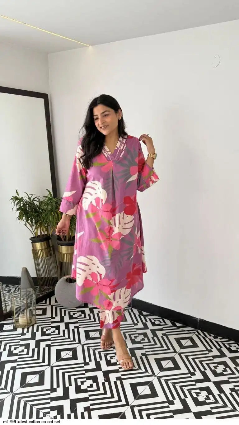 Pink and Purple Floral Printed Cotton Silk Co-Ord Set by Tareefa  MF799