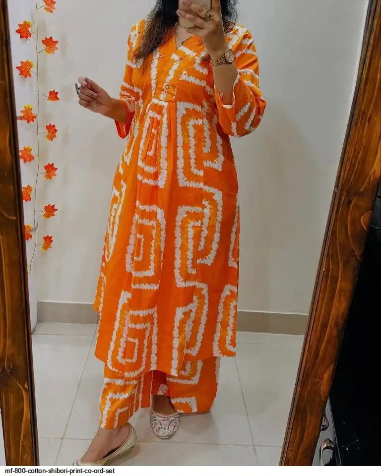 Orange base and modern white line prints Co-ord Set by Tareefa MF800