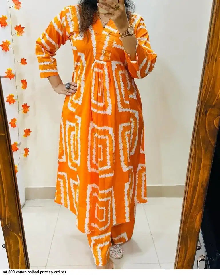 Orange base and modern white line prints Co-ord Set by Tareefa MF800