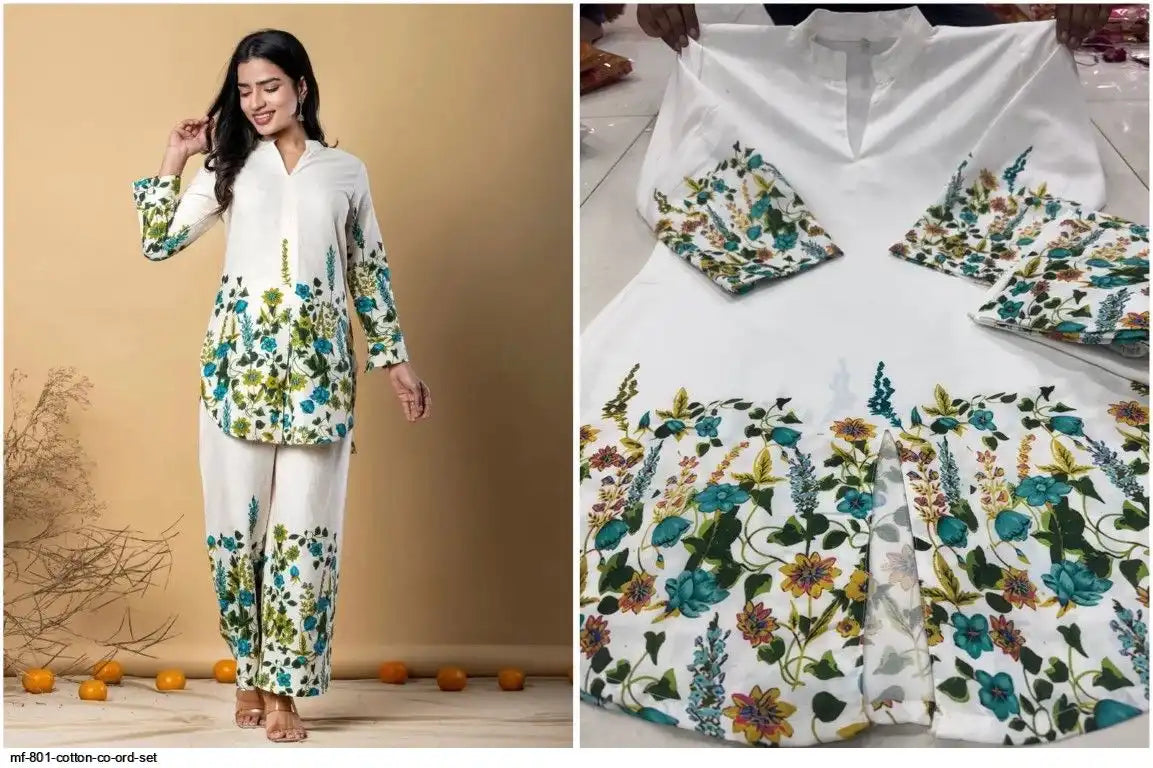 White Floral Printed Pure Cotton Straight Kurta and Pants Co-ord Set by Tareefa MF801