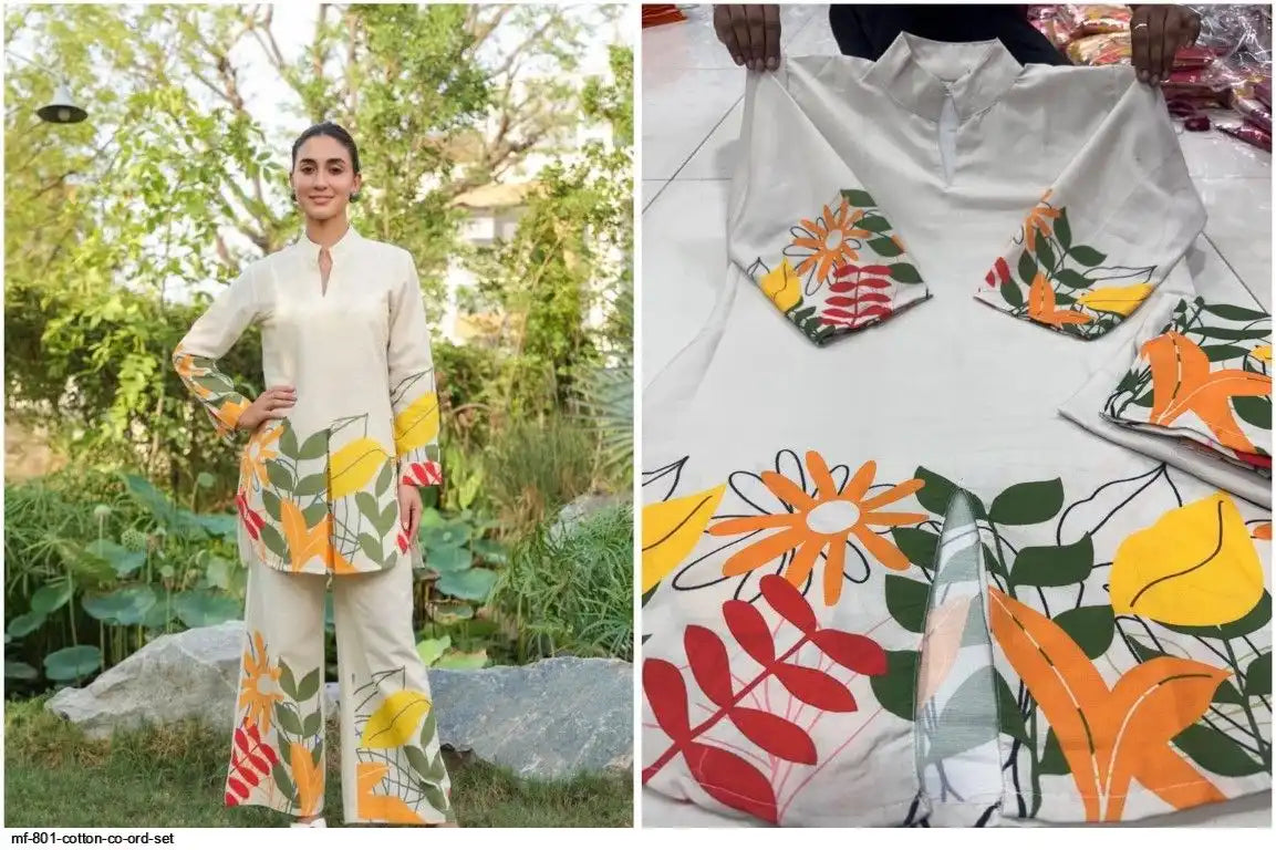 Gorgeous white and orange floral co-ord sets for women by Tareefa MF801